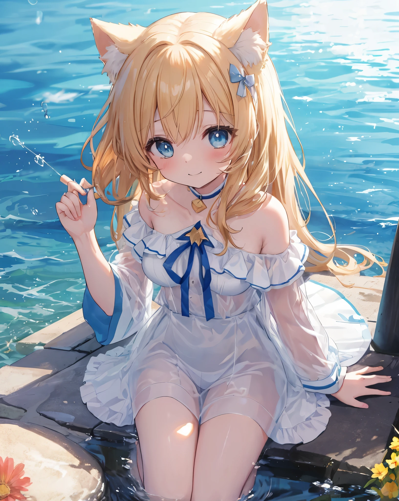 (Highest quality, Masterpiece: 1.2), (Solo), Anime coloring book, 4K quality, 
SUBJECT
(((Girl))), blonde hair, cat ears, cat tail, neko ears, neko tail, little grinning happy smile,Reflexes on blue eyes.
shot from above, cool shot
CLOTHES
bare shoulder, bare legs, white transparent wet shirt, visible yellow bikini under the shirt, Bare feet visible, blue ribbon on hair.
A girl immersed in the world of anime High school description Noise, she blush.
ACTION
She's floating in the low water, she is throwing water to the camera, water drop on camera, she is super happy, she is funny, playing with water
water and starfish around her. 
Relaxing lying on the water, sexy pose
blue eyes.
LOCATION 
beach, sun reflexes on the water, fantastic light, beautiful light, Beautiful, clear water, dream, heaven