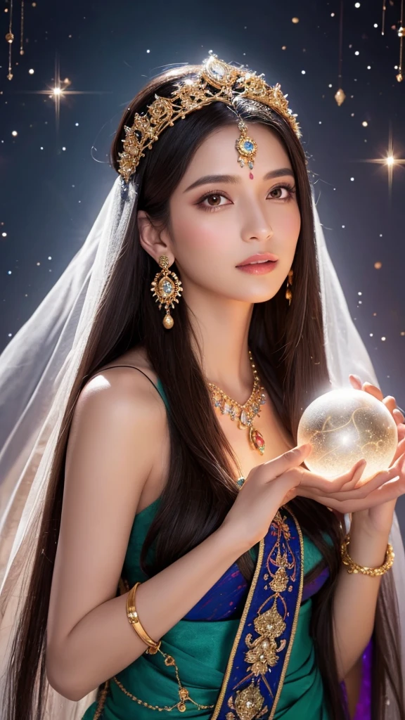 Amazing fine art, Fantastical,),Girl in Indian luxury dress,agates,jewely,Best quality, 4K 分辨率, Ink flow, (Fractal art:1.3), Dreamy, a slight light, fantasy, magic, Dynamic lighting,Fine fine skin,