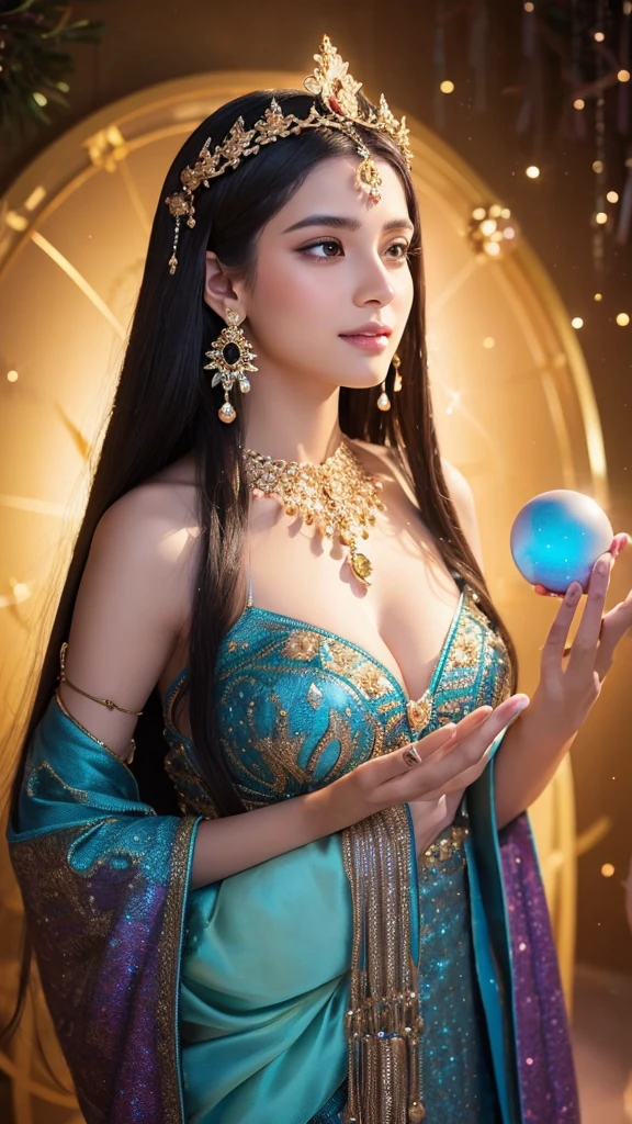 A mystical woman with long, straight dark hair, adorned with a jeweled headpiece and intricate earrings. She has a serene expression and is holding a glowing crystal ball in both hands. The background is cosmic, with sparkling stars and a circular ornament featuring colorful gems. The scene is magical and otherworldly, with a blend of soft, radiant lighting that enhances the ethereal atmosphere.