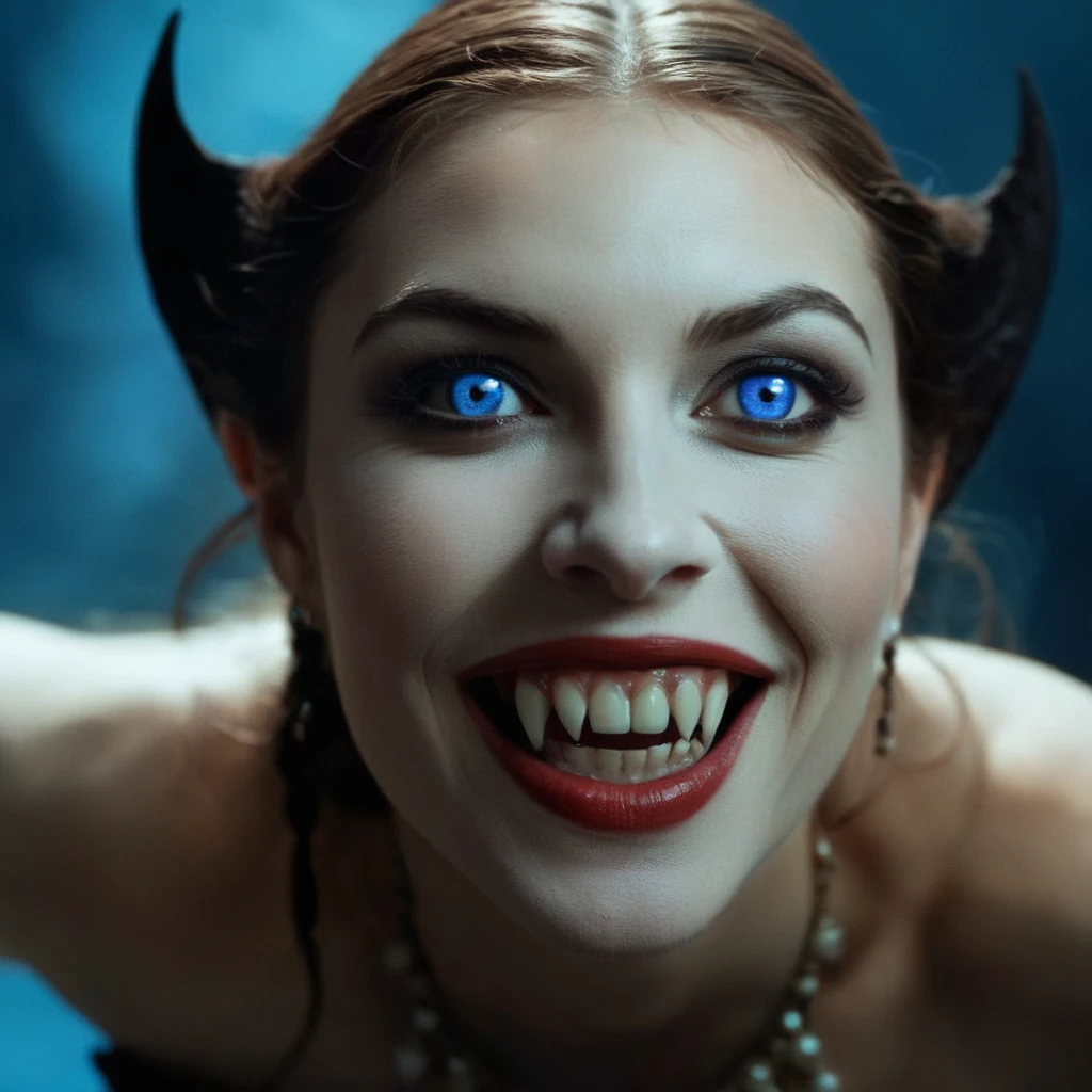 cinematic film still of  Gorgons in Greek mythology Frank Frazetta painting of a gothic Female Vampire woman with a very big smile on her face and Vampire Fangs Teeth staring at camera with reflective blue eyes, shallow depth of field, vignette, highly detailed, high budget, bokeh, cinemascope, moody, epic, gorgeous, film grain, grainy