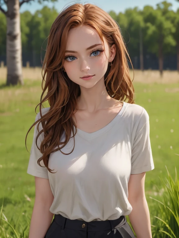 (masterpiece、top quality、top quality、official art、Nice and beautiful:1.2)、(one cute 18 year old girl:1.3), beautiful proportional , long straight red hair, beautiful realistic greenish-brown eyes large and expressive, gentle kind look.., (Best quality, masterpiece),  upper body, She has a beautiful nose and lips. Slim model graceful physique,  She is wearing strict straight black trousers and a T-shirt, stylish, thoughtful look, she seems domineering and cold, really very kind and caring, she seems dangerous and aggressive, radiates inaccessibility, wants to seem strong, but in fact she is a hidden masochist and wants to be a victim and a slave. Strict closed pose, Against the background of a birch grove, high quality textures of realistic human skin, Beautiful realistic face, proportionate slim physique, 