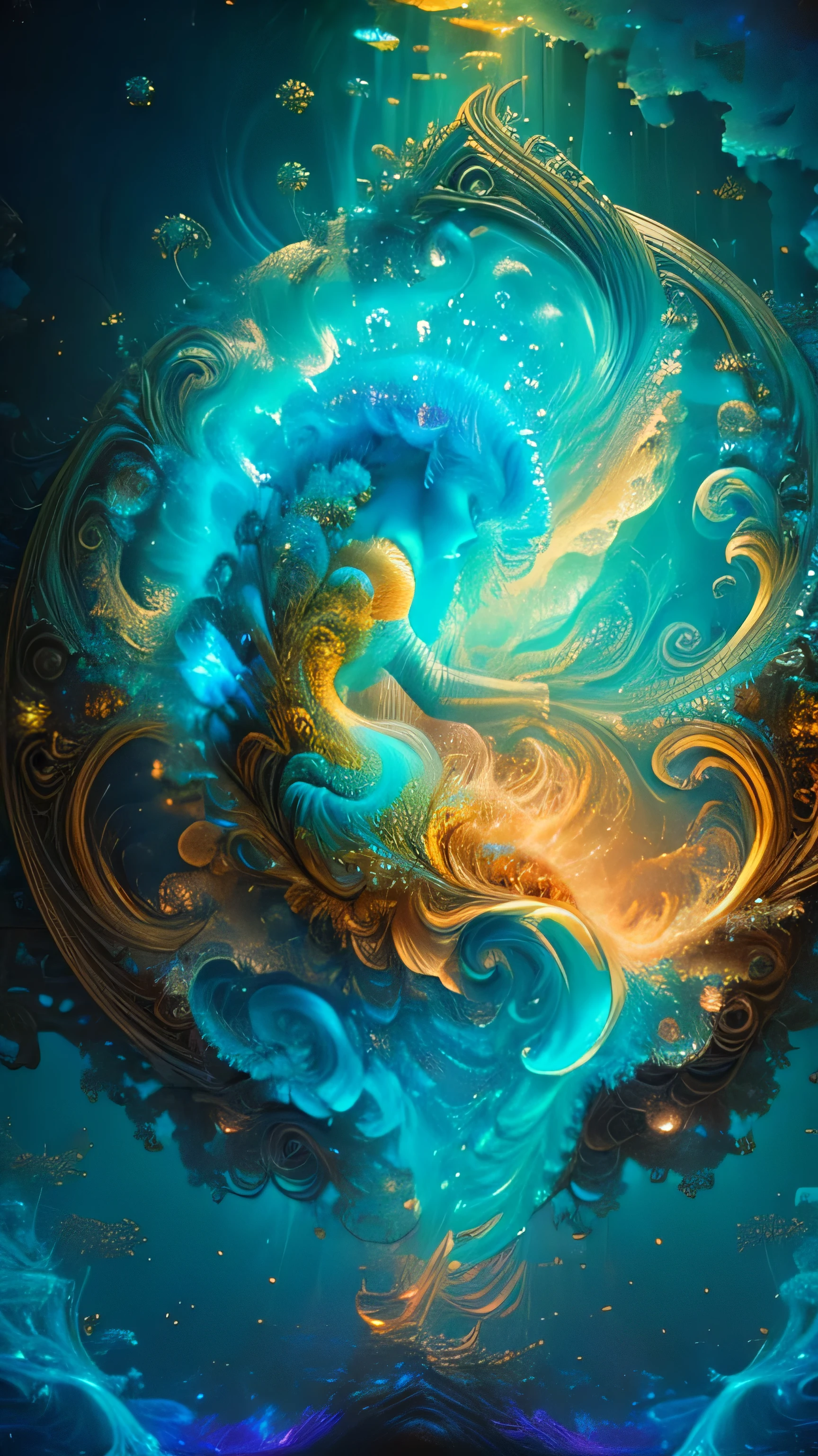 (masterpiece, top quality, best quality, official art, beautiful and aesthetic:1.2), (1 mermaid queen), extreme detailed, (fractal art:1.3), colorful, highest detailed, gorgeous face ,close up, 21 year old woman, long breast cover by long hair, look, sexy pose underwater, glowing, bioluminescent, intricate, (ancient sunken city), overgrown ruins, ethereal glow, luminous jellyfish, vibrant exotic fish, coral-covered statues, treasure chests, serene, majestic, (masterpiece, top quality, best quality, official art, beautiful and aesthetic:1.2), extreme detailed, (fractal art:1.3), magical, tranquil, cinematic light