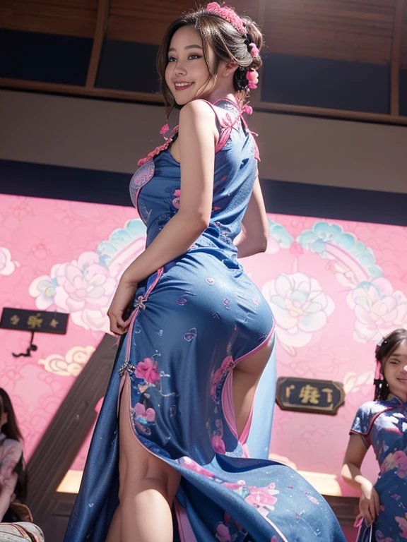 (RAW Photos:1.3), (Realistic:1.4), Beautiful detailed girl, Very detailed eyes and face, Beautiful details, Ridiculous, incredibly Ridiculous, Large file size, Very detailed, (High resolution), Very detailed, (Highest quality), masterpiece, Kemomimi, ((Japanese Girls)),、 shape, Very detailed, (smile:1.4), CG, Unified, (8k wallpaper), wonderful, Finer details, masterpiece, Highest quality, Very detailed CG uniform 8k wallpaper, Light on the face, Cinema Lighting, Bright in the daytime, BREAK, ((A cheongsam with a deep blue and pink pattern that shines:1.6)), BREAK, ( One Girl:1.3),Feeling Face、((Big Ass:1.7)), Tight waist, ((The dress has a big slit:1.3)), ((long dress:1.3)), BREAK, ((No sleeve)),(Ample breasts:1.4)、((Her cleavage is wide open:1.3)), 24-years-old、very,、shiny light brown hair、Looking into the camera、BREAK, ((At the Club:1.4)), BREAK, (:1.4 Standing), ((Take a picture of your whole body:1.7)), (From below:1.8), (legs forcus:1.4)),