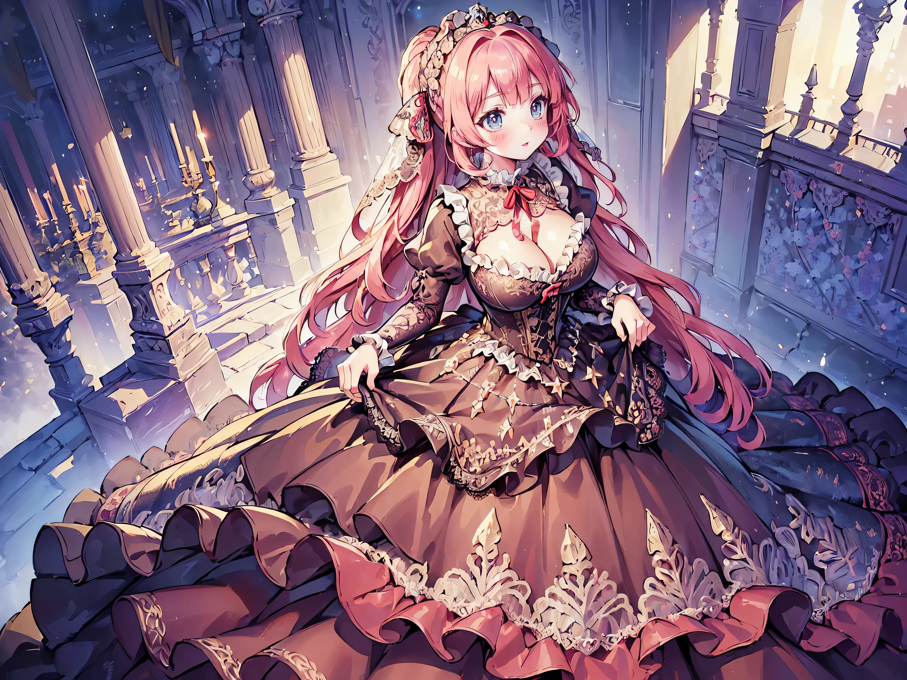 ((Superbly detailed drawing, ultra detailed, exquisite quality, absolutely resolution)), (((young face solo princess))), (((Unsurpassed gorgeous rococo victorian gown with voluminous huge hoopskirt and long hems, princess style skirt:1.5))), ((transparency gown, fluffy and full of pleats skirt:1.3)), (Super detailed and intricate exquisite design gown:1.5), ((overwhelming amount many ruffles with ribbons with intricate lace with Super detailed and intricate embroidery gown:1.9)), ((huge breasts, breasts cleavage)), (ponytail, fluffy long Expressive, hair pink hair), super voluminous long hair, hair ornament tiara, embarrassed, (((curtsey:2))), (blurry background, depth of field:1.5), super detailed skin, super delicate and beautiful face, (eyes blue eyes), (backlighting, particle effect, caustics), (((sharp focus))), (deep dark fog forest, night sky:1.5), (fisheye lens:1.3:very wide shot, magnificent panorama view, dynamic angle, dutch angle:1.5), ((full body)), (looking viewer, looking up, from above, from front:1.5),