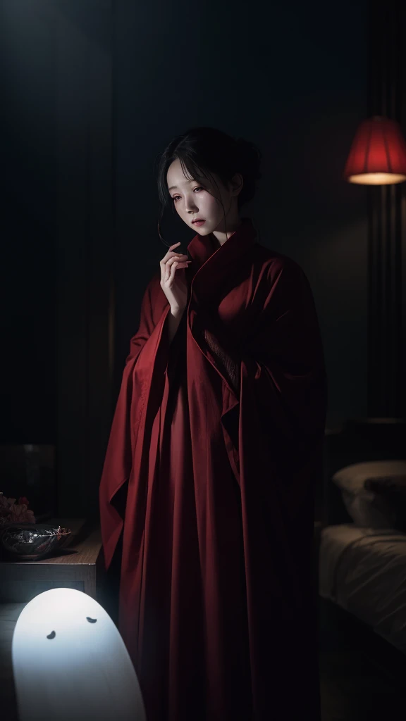 Draw a terrifying image of a female ghost in red from the East,Pale,The atmosphere is terrifying。high resolution, Backlight, masterpiece, Best quality, Very detailed, Ultra HD, Wide-angle lens, Canon, Movie光效, Ray Tracing, Fluorescence, Movie, photography, Hyperrealism, 超realism细节画派, Reality, realism, 超realism,