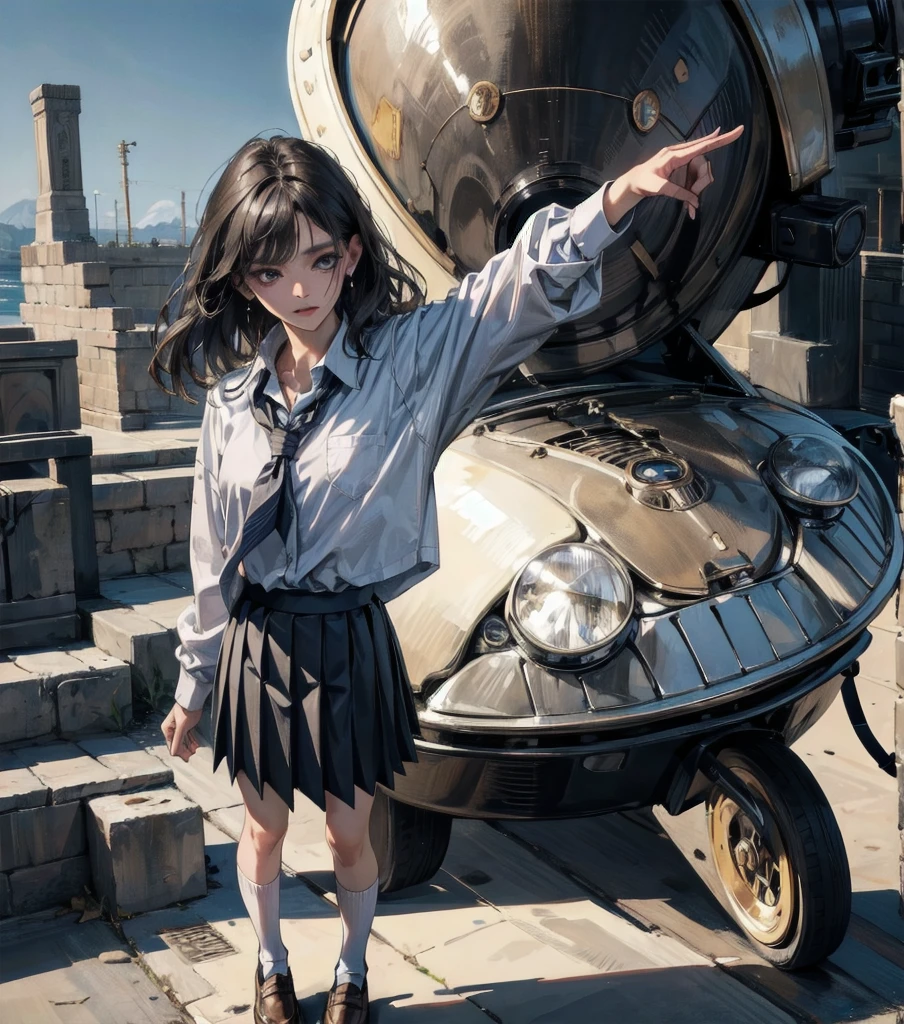 absurdres, RAW photo, extremely delicate and beautiful, masterpiece, Best Quality, ultra high resolution, 32k, hyperrealistic, ultra-detailed, Very detailed CG 8k wallpaper, detailed background, landscape, Beautiful Lighting, Perfect Lightning, Realistic Shadows, perfect anatomy, anatomically correct, perfect figure, Perfect Style, Perfect balance, super Detailed skin, in her 30s, very Slim body, narrow waist, very small head, very small face, delicate facial features, handsome detailed woman, very detailed eyes and face, realistic face proportions, Realistic beautiful face, Realistic beautiful eyes, tearful mole, earring, full body shot, very huge round tits, medium hair, asymmetrical hair, wavy hair, outdoor, school_uniform, shirt, pleated skirt, socks, loafers,