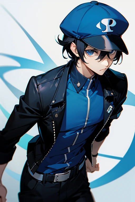 Junpei iori persona 3 tall man shaven hair black hair blue cap happy blue shirt black jacket black pants