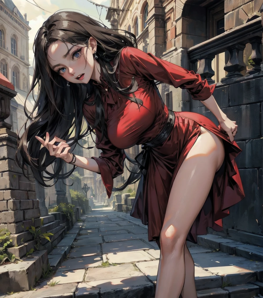 absurdres, RAW photo, extremely delicate and beautiful, masterpiece, Best Quality, ultra high resolution, 32k, hyperrealistic, ultra-detailed, Very detailed CG 8k wallpaper, detailed background, landscape, Beautiful Lighting, Perfect Lightning, Realistic Shadows, perfect anatomy, anatomically correct, perfect figure, Perfect Style, Perfect balance, super Detailed skin, in her 30s, very Slim body, narrow waist, very small head, very small face, delicate facial features, handsome detailed woman, very detailed eyes and face, realistic face proportions, Realistic beautiful face, Realistic beautiful eyes, tearful mole, earring, full body shot, very huge round tits, medium hair, asymmetrical hair, wavy hair, outdoor, Gothic red dress, vampire teeth, castle,