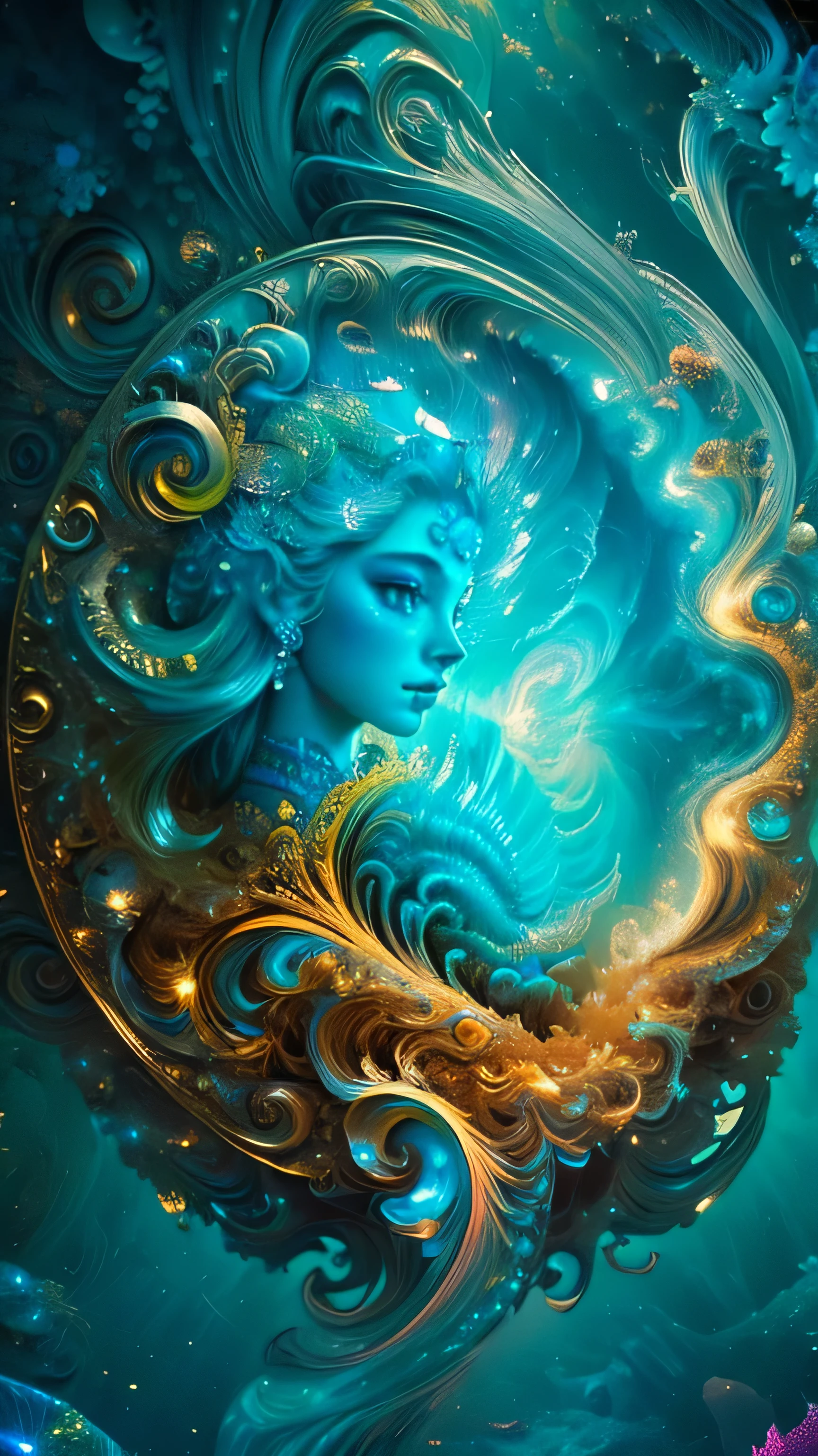 (masterpiece, top quality, best quality, official art, beautiful and aesthetic:1.2), (1 mermaid queen), extreme detailed, (fractal art:1.3), colorful, highest detailed, gorgeous face ,close up, 21 year old woman, long breast cover by long hair, look, sexy pose underwater, glowing, bioluminescent, intricate, (ancient sunken city), overgrown ruins, ethereal glow, luminous jellyfish, vibrant exotic fish, coral-covered statues, treasure chests, serene, majestic, (masterpiece, top quality, best quality, official art, beautiful and aesthetic:1.2), extreme detailed, (fractal art:1.3), magical, tranquil, cinematic light