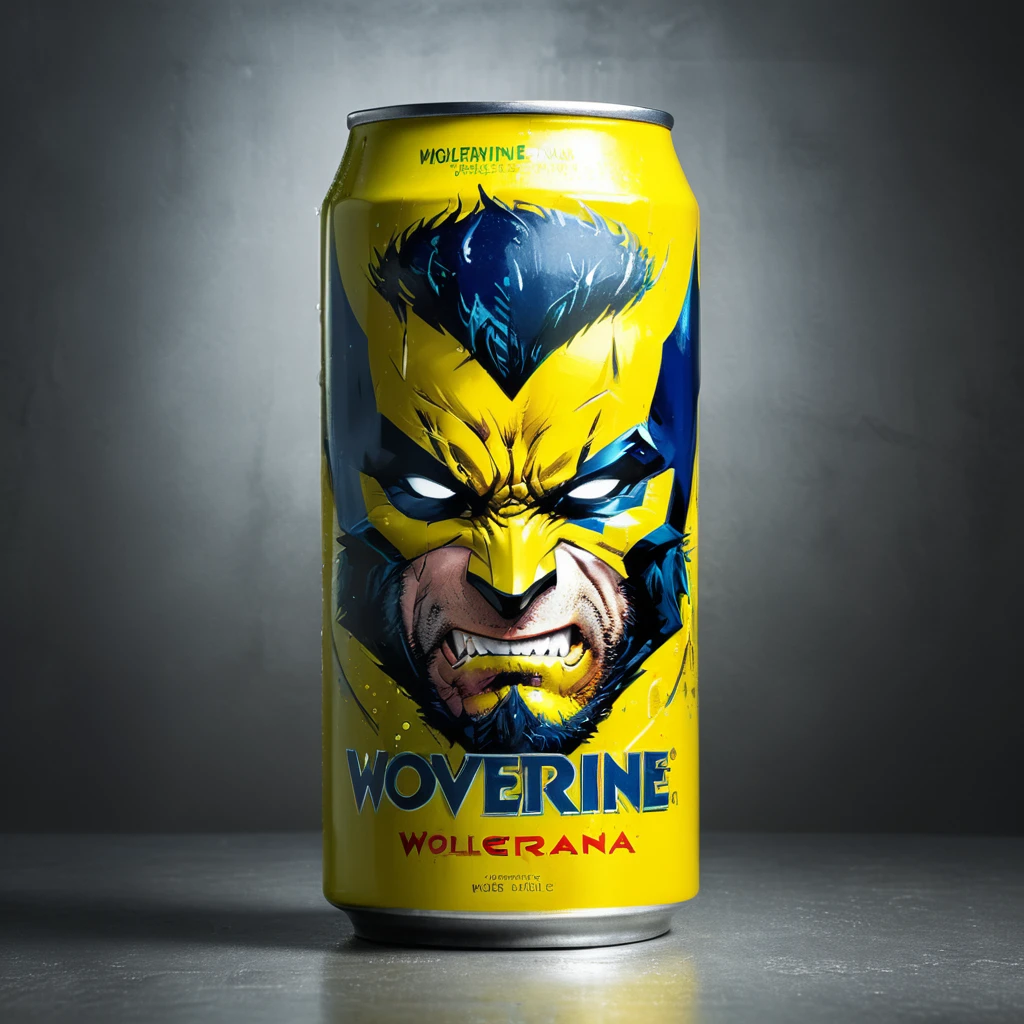 A captivating promotional image showcasing a vibrant yellow can of Brazilian guarana soda adorned with Wolverine’s iconic face print, meticulously designed by a team of skilled commercial designers and production engineers. The can exudes energy and excitement, with Wolverine’s fierce expression adding a sense of power and adventure. Droplets glisten on the can’s surface, hinting at the refreshing burst of flavor waiting inside. Set against a modern background, this image perfectly blends the rich cultural heritage of Brazil with the thrilling world of Wolverine, making it a must-have collectible for fans of both guarana soda and the beloved superhero.