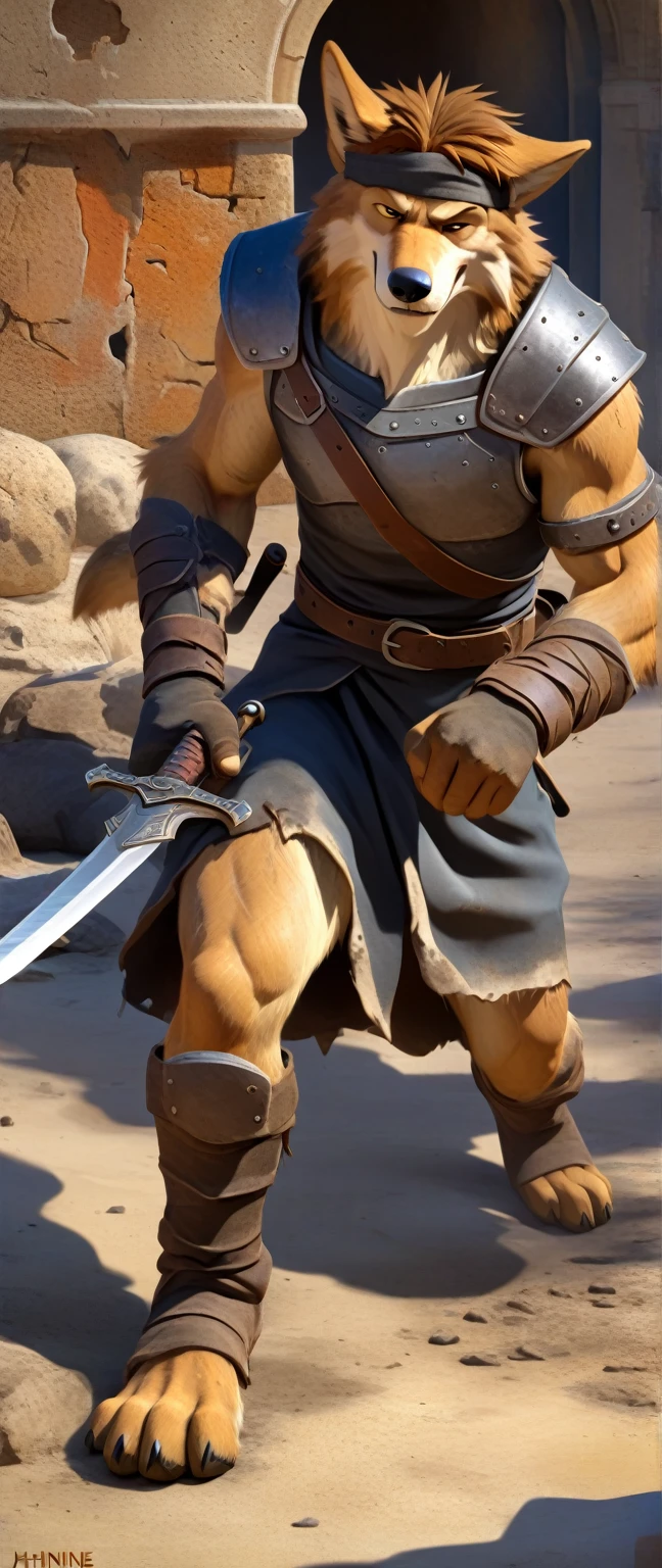 Solo anthro furry desert wolf coyote male; ancient Mediterranean desert mercenary warrior; slim mesomorph handsome model apperance; boy's messy short hair headband; sexy toned muscules; sword scars;  worn out brown studded leather rusty armament. He has a worn ot dirty old short-sleeve tunic, belted with a heavy leather belt armor. on his chest he wears a heavy skimpy heavy breastplate over a tunic, a loinloth with worn-out loose desert trousers
, He has His heavy armor is old heavy brown harness with armlets studded with spikes;,  he has old brown leather BFR Bands on Biceps and his thighs, he has old worn out fingerless leather gloves, shin guards, feet bondages. His heavy armor is in ruin, it is very very old and dirty, rusted, dirty, old worn out, rusty breastplate. Even though he is a handsome man, he has a sloppy appearance, has disheveled unwashed dirty fur, dirty body look. he smells, he has stains from old blood, dirt, semen, mud, smelly furr, disgusting bastard looking.  Mediterranean sunny pine seacoastline pine forest; he has a proud, threatening and defiant expression on his face, with little dirty dangerous smile; He stands proudly bravely in an upright attacking position, he holds a rised up sword in his right paw, ready for incoming fight; 