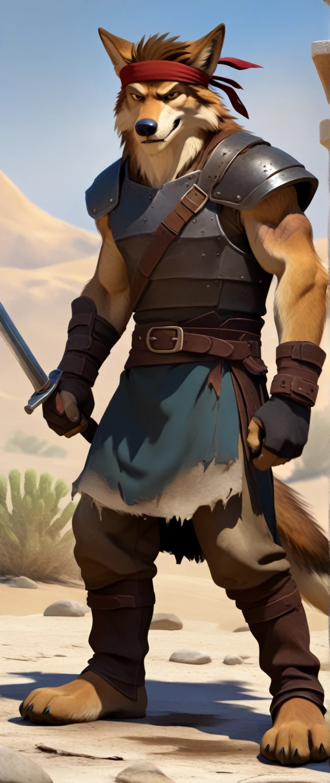 Solo anthro furry desert wolf coyote male; ancient Mediterranean desert mercenary warrior; slim mesomorph handsome model apperance; boy's messy short hair headband; sexy toned muscules; sword scars;  worn out brown studded leather rusty armament. He has a worn ot dirty old short-sleeve tunic, belted with a heavy leather belt armor. on his chest he wears a heavy skimpy heavy breastplate over a tunic, a loinloth with worn-out loose desert trousers
, He has His heavy armor is old heavy brown harness with armlets studded with spikes;,  he has old brown leather BFR Bands on Biceps and his thighs, he has old worn out fingerless leather gloves, shin guards, feet bondages. His heavy armor is in ruin, it is very very old and dirty, rusted, dirty, old worn out, rusty breastplate. Even though he is a handsome man, he has a sloppy appearance, has disheveled unwashed dirty fur, dirty body look. he smells, he has stains from old blood, dirt, semen, mud, smelly furr, disgusting bastard looking.  Mediterranean sunny pine seacoastline pine forest; he has a proud, threatening and defiant expression on his face, with little dirty dangerous smile; He stands proudly bravely in an upright attacking position, he holds a rised up sword in his right paw, ready for incoming fight; 