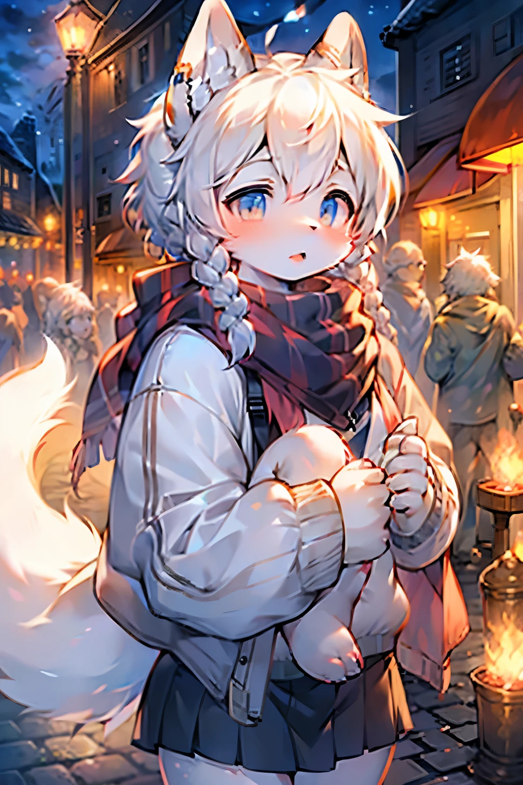 Arctic Fox Girl,Furry girls,Characteristics of female infants and ,White hair,Double braids,White skin,White Arm,scarf,Short skirt,Nordic town background