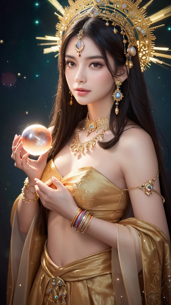 (a mystical woman with long straight dark hair,detailed jeweled headpiece,intricate earrings,serene expression,holding glowing crystal ball in both hands,cosmic background,sparkling stars,circular ornament with colorful gems,magical otherworldly scene,soft radiant lighting,ethereal atmosphere,best quality,4K,8k,highres,masterpiece:1.2,ultra-detailed,realistic,photorealistic,photo-realistic:1.37,HDR,uhd,studio lighting,ultra-fine painting,sharp focus,physically-based rendering,extreme detail description,professional,vivid colors,bokeh)Blonde, Symmetrical,