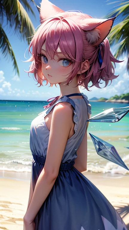 Ice Fairy,Cirno,Cat ear,mysterious,Ocean,beach,summer,Light blue dress,Pink ribbon on the chest