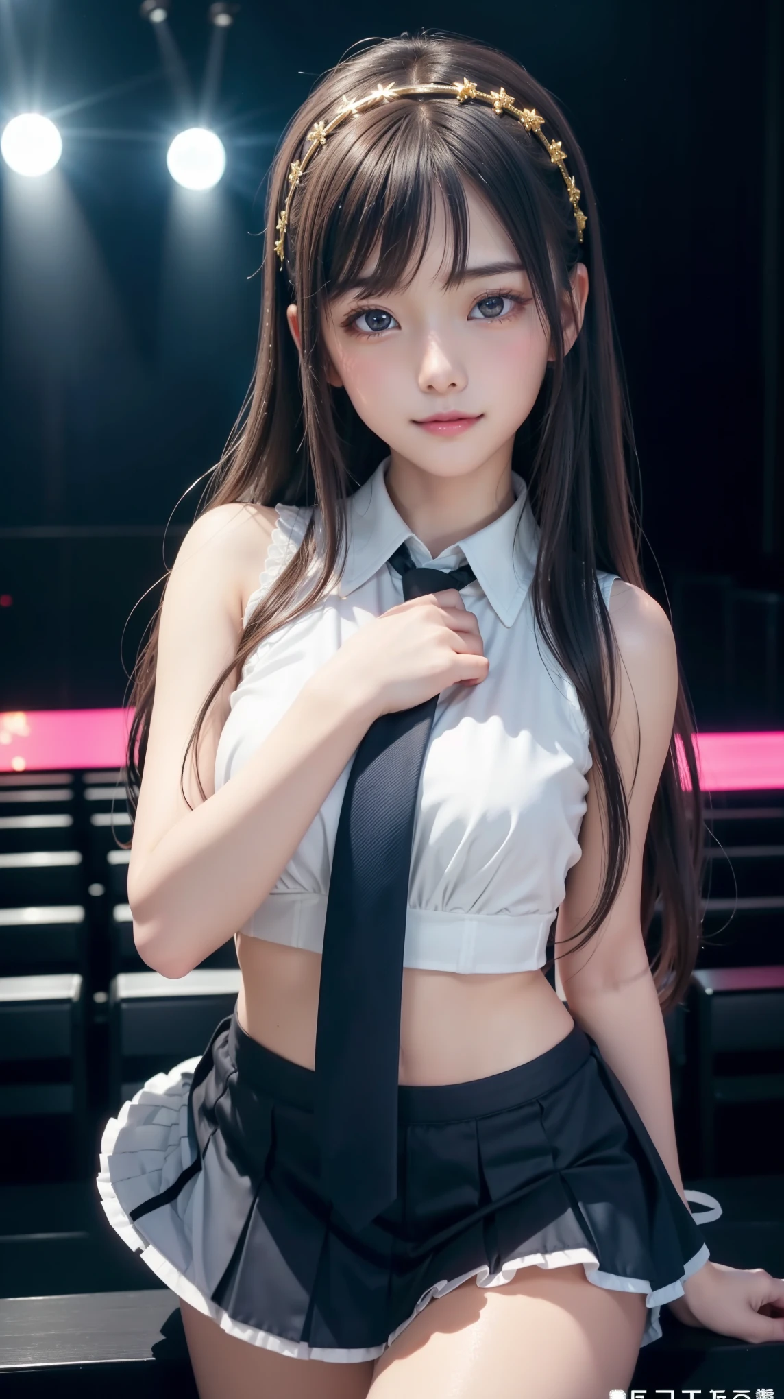 ((Audience seats lit up with glow sticks:1.2、Blurred Background))、cuteセーラー服、Idol Smile、One beautiful woman、Detailed eyes and face、Beautiful Hands、Thin legs、(Highest quality:1.2), 8k, Official Art, chest、cute、(I can see your pants:1.3、Pulling on skirt)、 Trending on cgstation, Official Art, Whole Body Ezbian、((Beautiful idol costumes))、Cool look、(masterpiece:1.2)、(Highest quality)、(8k)、(Cinema Lighting)、(complicated)、Black Hair、beautiful girl、Beautiful breasts、(beautiful girl, cute face), Gold decoration in hair、naked、Sweat、chestのクローズアップ, Gardenia, Viola family, space , Looking at the audience, Film Grain, chromatic aberration, Face Light, Dynamic Lighting, Cinema Lighting, 非常にDetailed eyes and face, (cute tie:1.2)、(The right move)、(Perfect idol pose)、Professional photography techniques