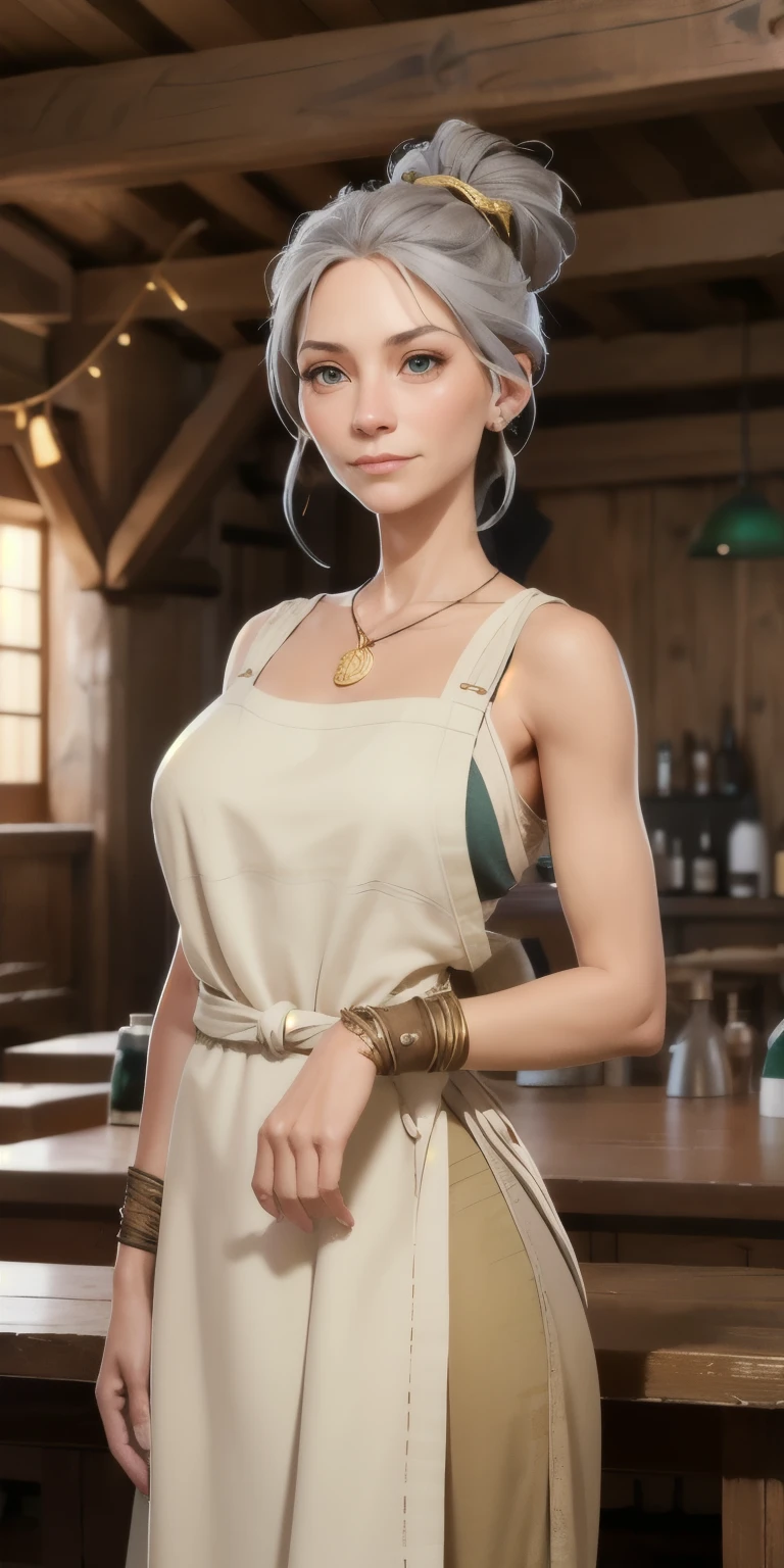 Draw a woman in a medieval environment, around 55 years old, height of 1,75m, erect and confident posture. her hair is gray, tied up in a loose bun with a few strands loose. Your face has expression lines around the eyes and mouth, suggesting a life full of experiences, with deep, expressive green eyes. Wear a long, simple dress, in earthy tones, with a slightly worn white apron, but clean. Adorn your arms with leather and metal bracelets, and show some old scars. She wears a necklace with an antique gold sun pendant.. Your expression should be welcoming, with a touch of authority. The setting is a rustic tavern, with mixed decoration of monarchy and religious icons.