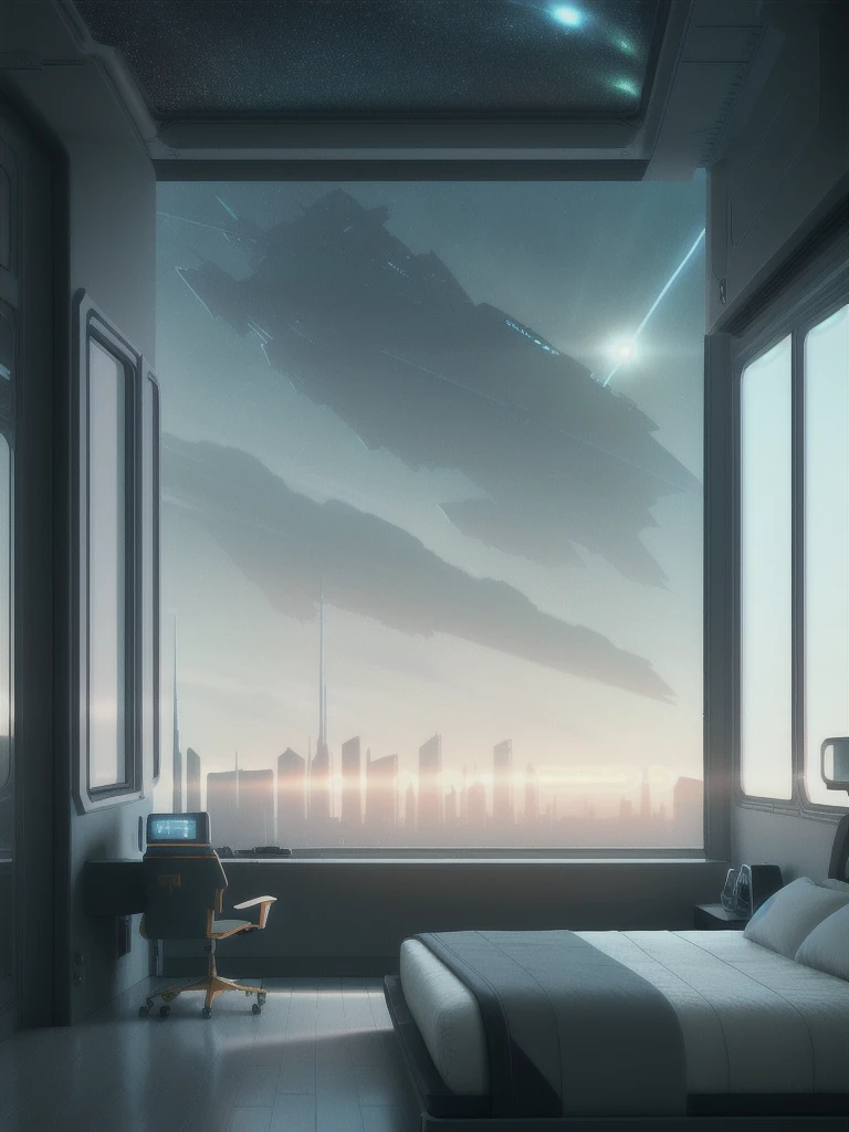 a gorgeous sci - fi bedroom matte painting by john harris, sparth and greg rutkowski. sharp edges, tiffany blue, grey orange, white and golden. sci - fi bedroom in a space base, outside the windows a future city skyline, light effect. ultra clear detailed, 3 d, octane render. 8 k