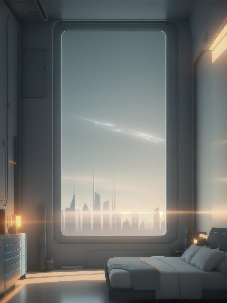 a gorgeous sci - fi bedroom matte painting by john harris, sparth and greg rutkowski. sharp edges, tiffany blue, grey orange, white and golden. sci - fi bedroom in a space base, outside the windows a future city skyline, light effect. ultra clear detailed, 3 d, octane render. 8 k