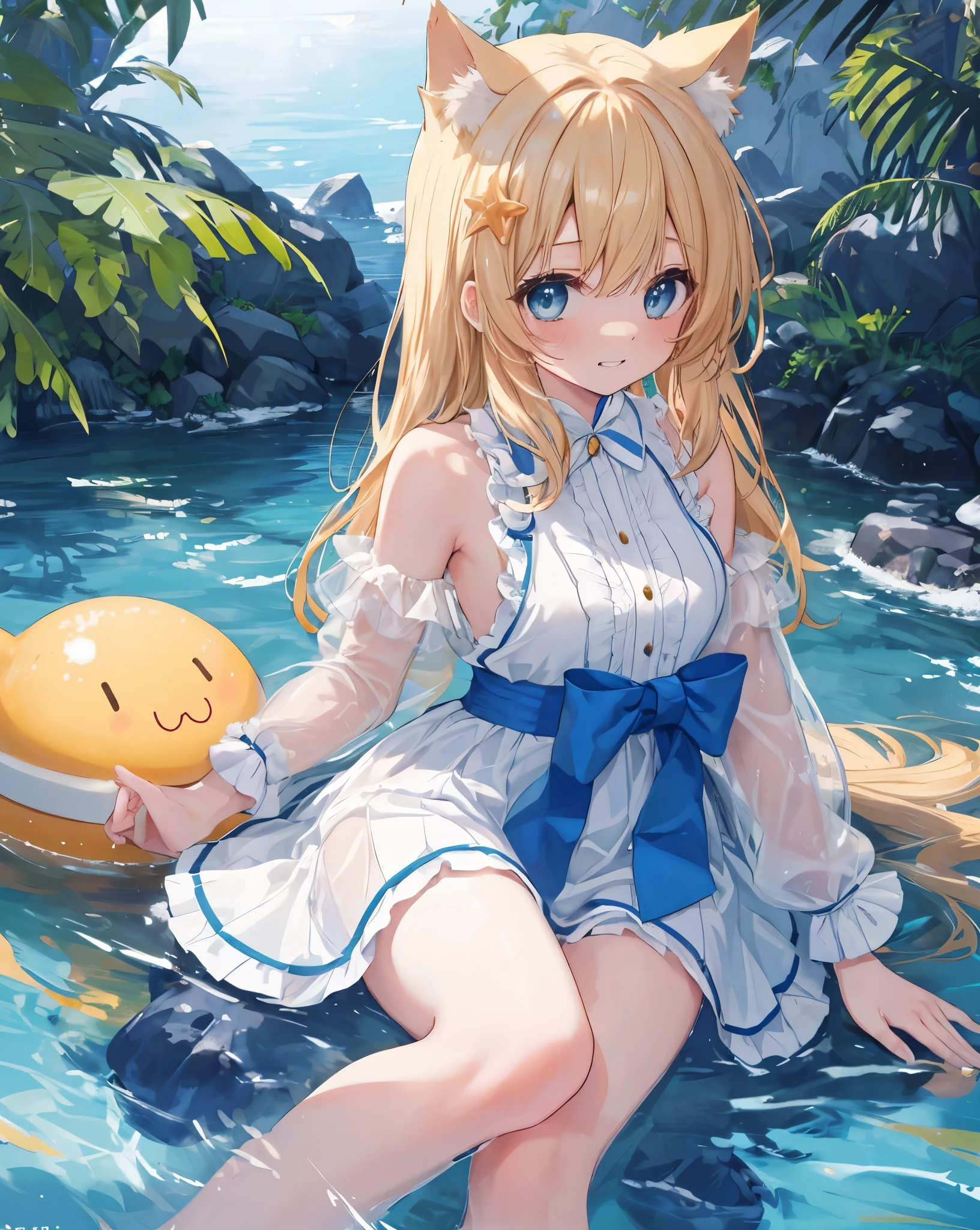 (Highest quality, Masterpiece: 1.2), (Solo), Anime coloring book, 4K quality, 
SUBJECT
(((Girl))), blonde hair, cat ears, cat tail, neko ears, neko tail, little grinning happy smile,Reflexes on blue eyes.
shot from above, cool shot
CLOTHES
bare shoulder, bare legs, white transparent wet shirt, visible yellow bikini under the shirt, Bare feet visible, blue ribbon on hair.
A girl immersed in the world of anime High school description Noise, she blush.
ACTION
She's floating in the low water, she is throwing water to the camera, water drop on camera, she is super happy, she is funny, playing with water
water and starfish around her. 
Relaxing lying on the water, sexy pose
blue eyes.
LOCATION 
beach, sun reflexes on the water, fantastic light, beautiful light, Beautiful, clear water, dream, heaven