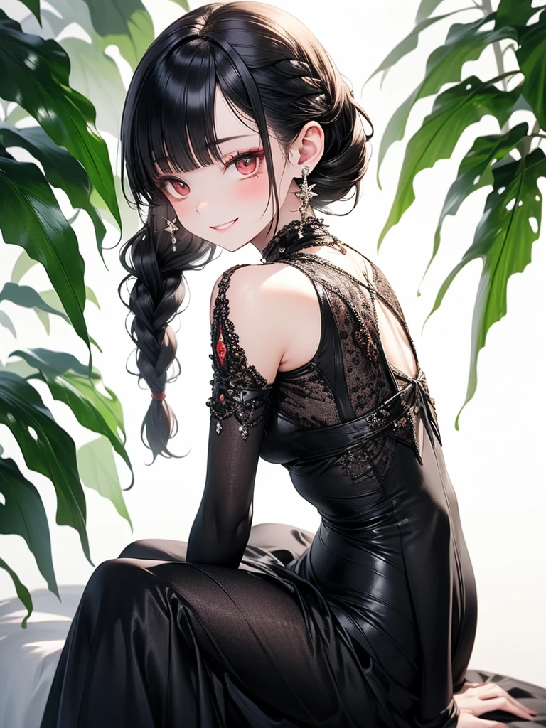 (master piece),(4k),(perfect anatomy),(complete fingers),high quality,flat chest,(1girl),(solo),pale skin,Dramatic makeup,smiling elegantly,beautiful detailed red eyes,silky black hair,right braid loose side tail,long sleeve black dress, (Highly detailed elegant),Fade out beautifully, Detailed skin, Bokeh, Silky to the touch, Hyper Detail,sitting,in simple room,(foliage plant),from side,(sideways glance)