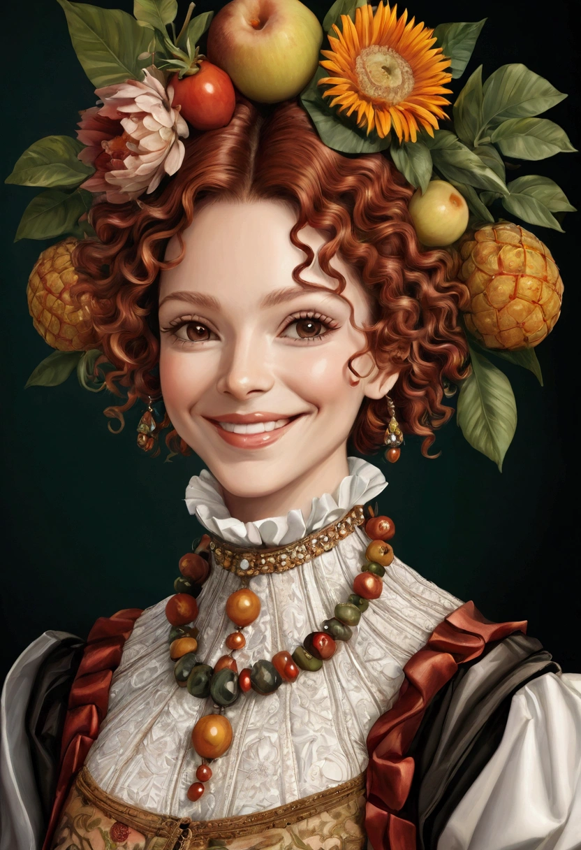 ((Inspired by Giuseppe Arcimboldo))，A woman，Charming smile,  (Short Wavy Hair: 1.2), Auburn hair, (masterpiece), best quality, high resolution