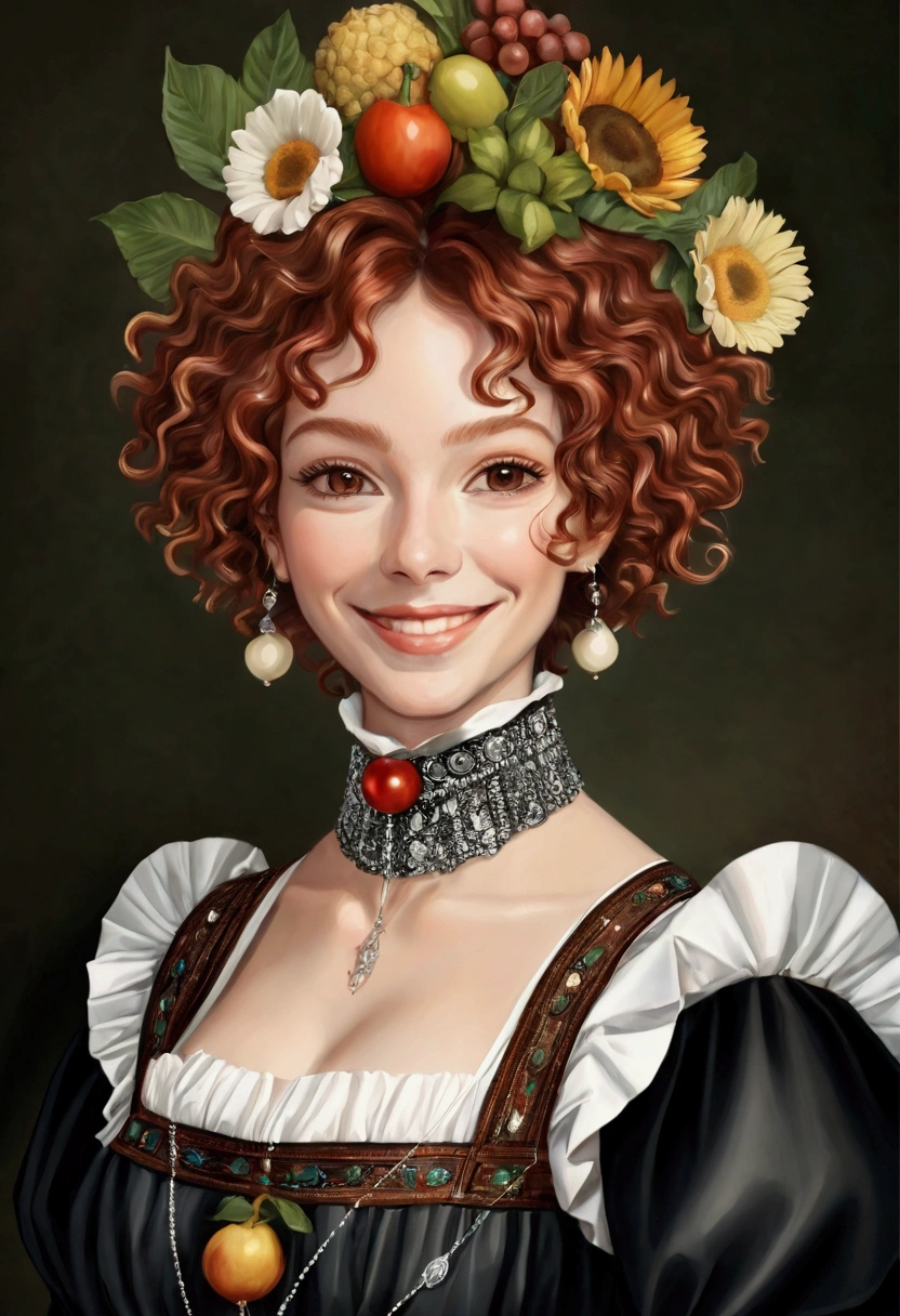 ((Inspired by Giuseppe Arcimboldo))，A woman，Charming smile,  (Short Wavy Hair: 1.2), Auburn hair, (masterpiece), best quality, high resolution