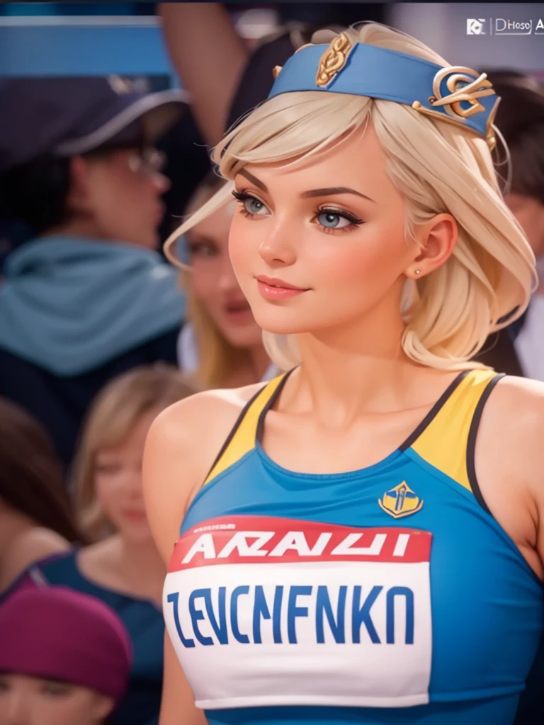 a close up of a woman in a blue and yellow outfit, a portrait inspired by Olga Rozanova, tumblr, antipodeans, anastasia ovchinnikova, irina nordsol kuzmina, martina fackova, julia gorokhova, angelina stroganova, dasha taran, olga zakharova, nadezhda tikhomirova, Olympic athlete, (((large breasts))),
