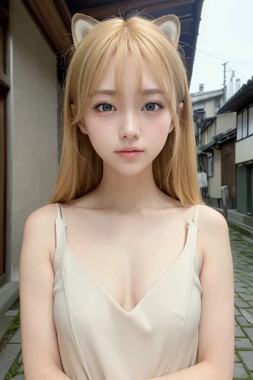 ((Beautiful blonde hair))、((Beautiful blonde))、Small fox ears、one girl, (a beauty girl, delicate girl:1.3), (, change:1.3), break,((Shrine maiden costume)),(Brown fox ears) break, Definition of Very Fine Particles, (Symmetrical eyes:1.3), break, (alley, Kyoto:1.3), perfectly trimmed fingers, break, ((Beautiful medium milk)), Brown eyes, Parted bangs, Brown Hair, girl, break, (Eye and facial details:1.0), break, (masterpiece, Highest quality, Very detailed, Detailed face, 8k)