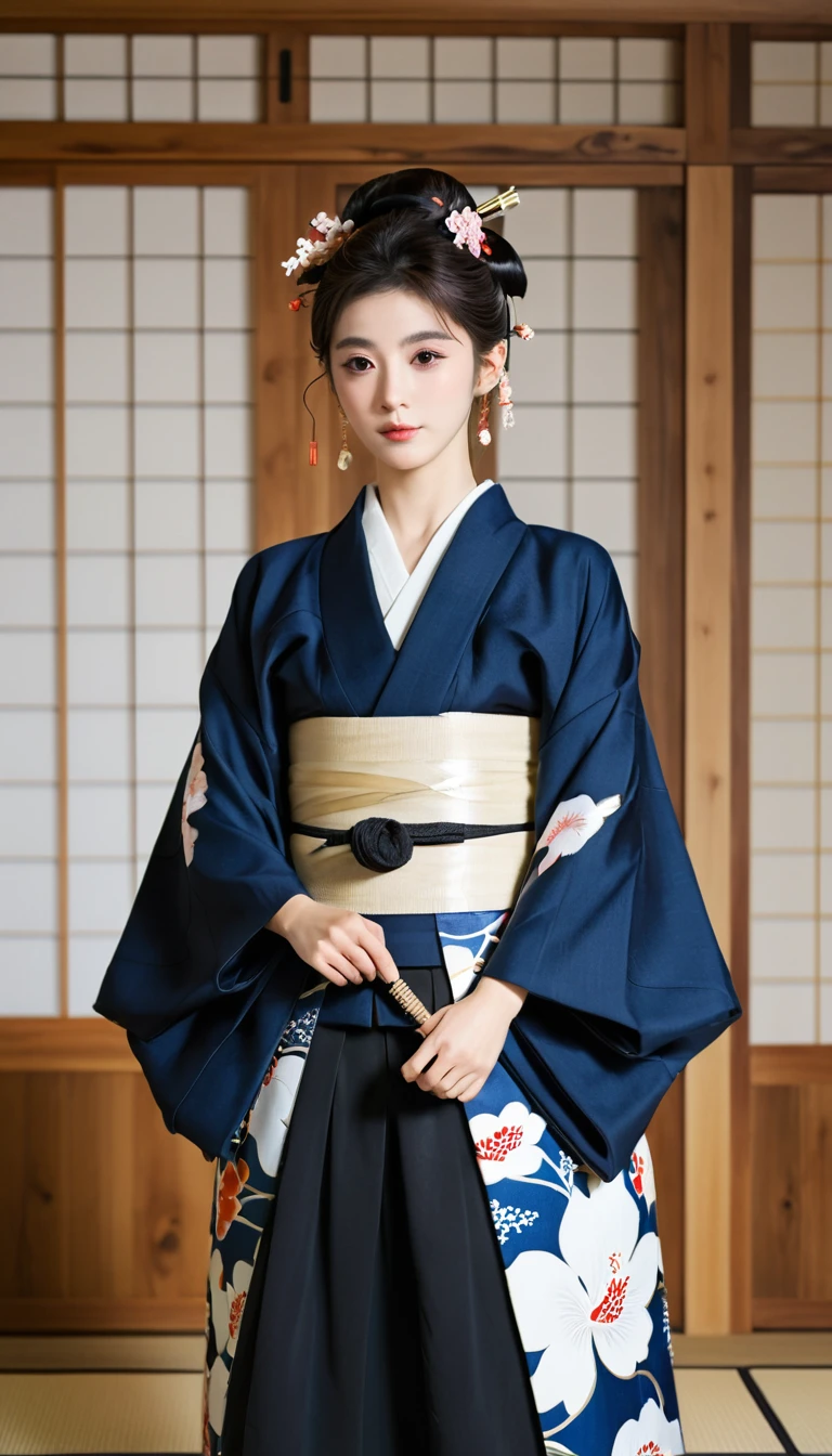 (8K, Best Quality, Masterpiece, Ultra High Definition: 1.2),kimono,Japanese room,hakama,fullbody