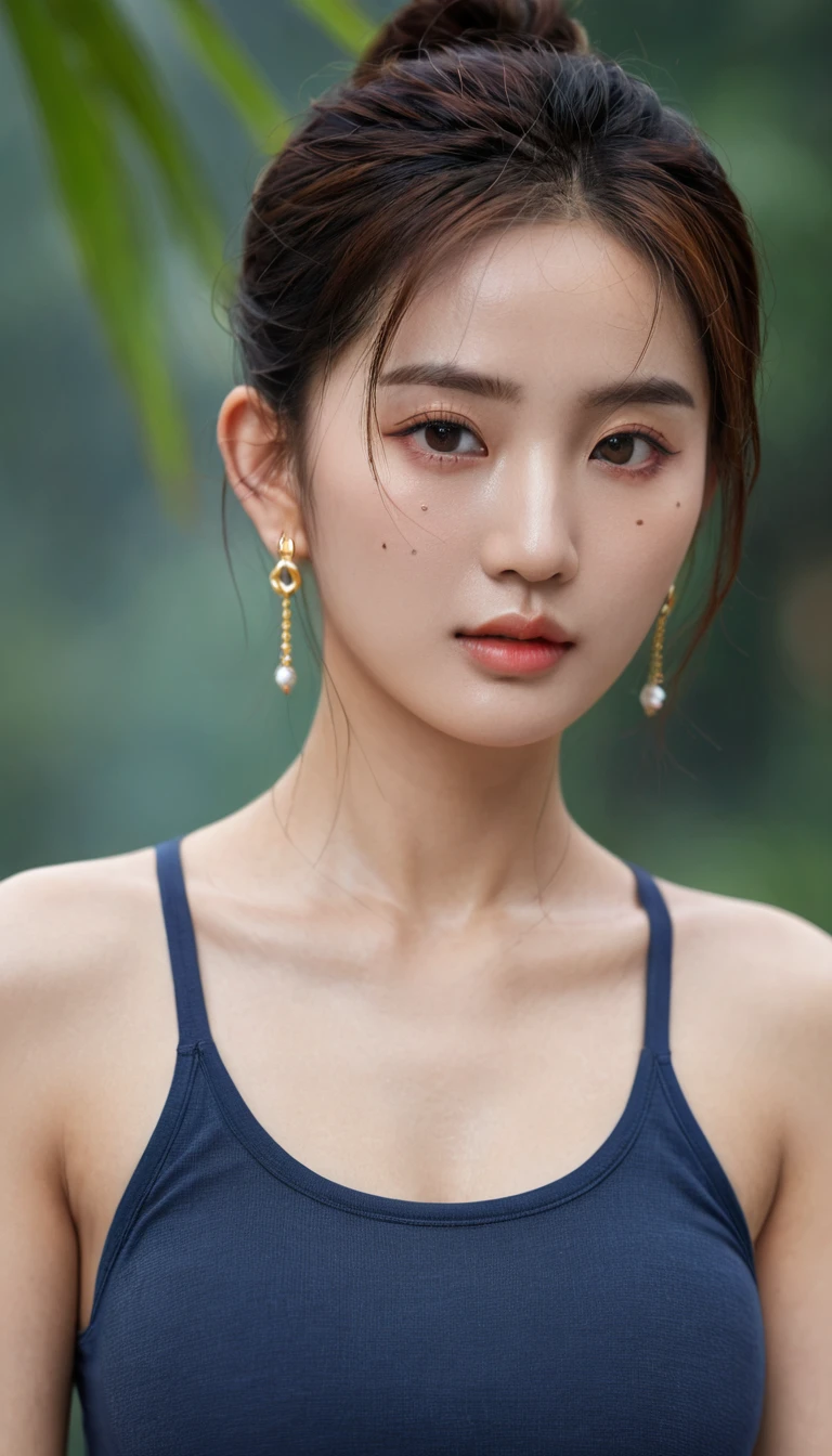 highres,4k,HDR,1girl, photorealistic, realistic,sweat skin, thin face,yangmi,heavy makeup, standing,(((half body))), medium breasts,earing ,