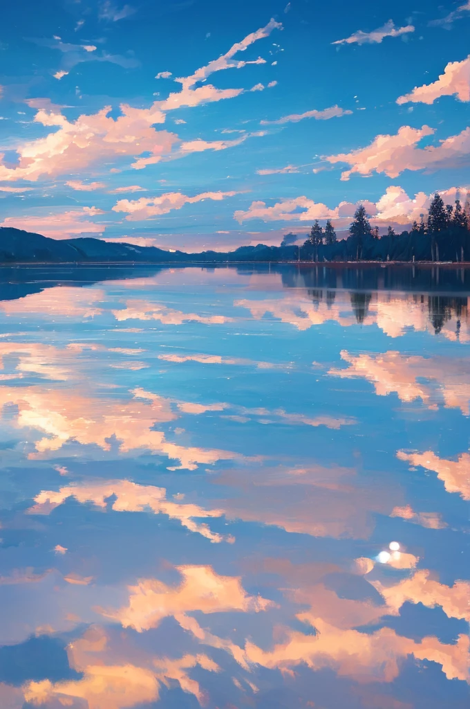 Realistic，青null，White cloud，Clear and transparent，nullで遠い ,high quality desktop wallpaper，Very beautiful photos,Soft Light, Beautiful and vibrant colors, Beautiful colors, Stunning colors, Gorgeous colors, 
null, (reflection的な_water:1.3), Scenic, null, water, (ripple:0.5), reflection, Wind, (Cinematic:1.2), (horizon:1.3), shallow_water,
