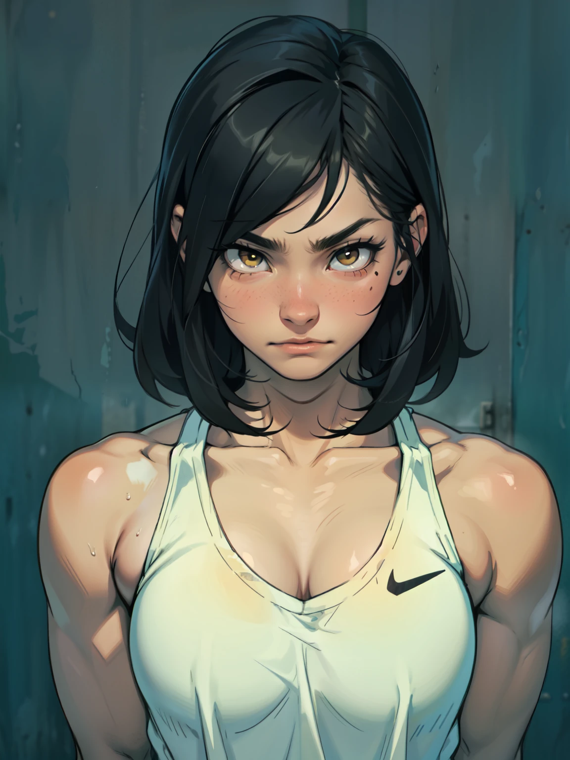empty eyes embarrassed girl black hair yellow eyes pale skin muscular girl feminine
