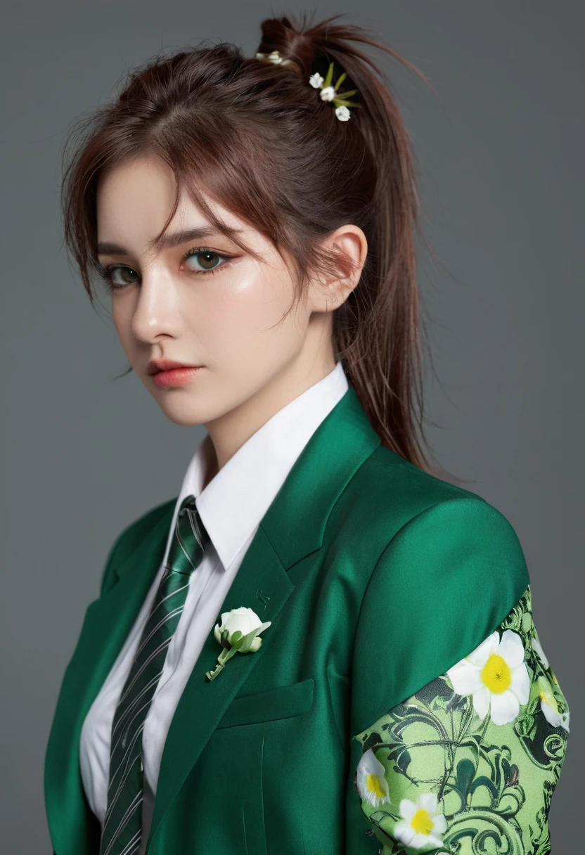 and change, Brown Ponytail, White skin, Short man, Green Eyes, masterpiece, punk jacket, White shirt, Green tie, Off-shoulder, Open sleeves, A faint smile, flower, Quiet, restraint, (Concept Art)