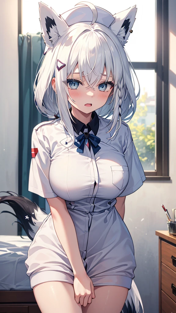 (best quality:1.2), (ultra detailed:1.2),(masterpiece:1.2),(8k:1.2),(Blessed,Captivating body、Ultra detailed hands、Ultra-detailed eyes、Ultra-detailed skin、ultra-detailed face,Detailed Background),One Girl、(bedroom,nurse, nurse cap, breast pocket, collared dress, short dress, short sleeves, thighs, white dress, white headwear), aafbk, long hair, ahoge, animal ears, breasts, fox tail,(ecstasy, aroused:1.5)