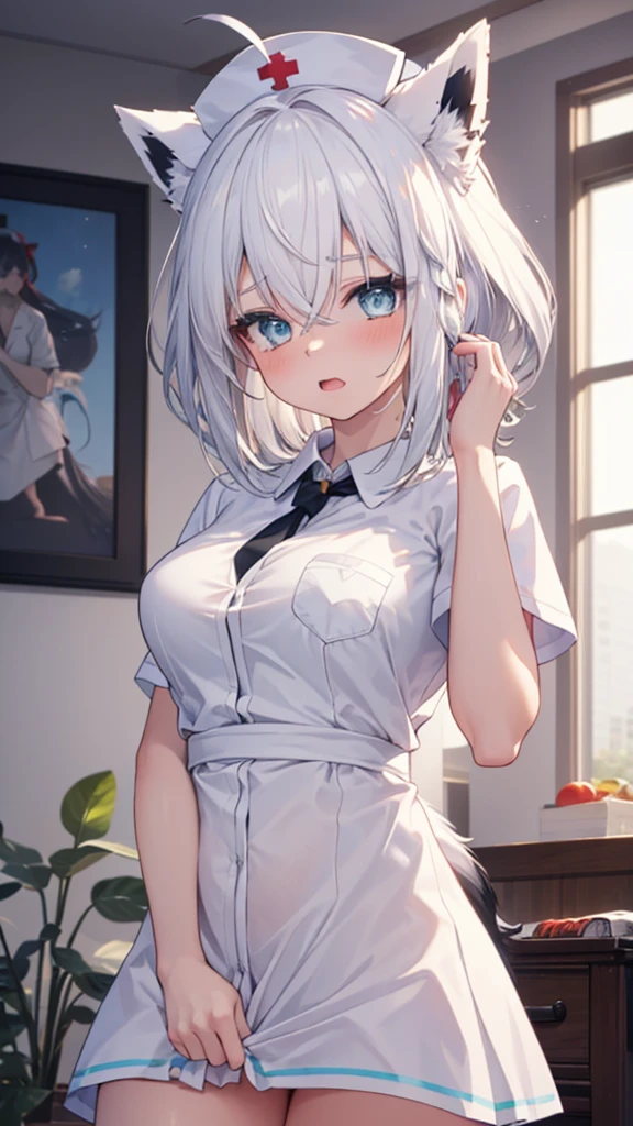 (best quality:1.2), (ultra detailed:1.2),(masterpiece:1.2),(8k:1.2),(Blessed,Captivating body、Ultra detailed hands、Ultra-detailed eyes、Ultra-detailed skin、ultra-detailed face,Detailed Background),One Girl、(bedroom,nurse, nurse cap, breast pocket, collared dress, short dress, short sleeves, thighs, white dress, white headwear), aafbk, long hair, ahoge, animal ears, breasts, fox tail,(ecstasy, aroused:1.5)