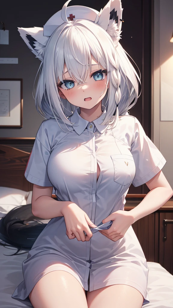 (best quality:1.2), (ultra detailed:1.2),(masterpiece:1.2),(8k:1.2),(Blessed,Captivating body、Ultra detailed hands、Ultra-detailed eyes、Ultra-detailed skin、ultra-detailed face,Detailed Background),One Girl、(bedroom,nurse, nurse cap, breast pocket, collared dress, short dress, short sleeves, thighs, white dress, white headwear), aafbk, long hair, ahoge, animal ears, breasts, fox tail,(ecstasy, aroused:1.5)