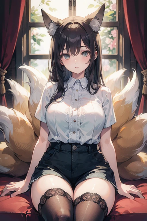 ((best quality)), ((masterpiece)), (detailed), 1 girl,plump breasts,Good shape,low cut lace shirt,shorts,Fox ears,9 fox tails,Lace stockings,Flower Room