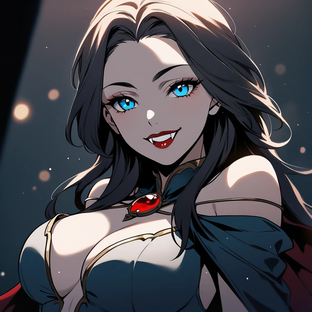 cinematic film still of  Gorgons in Greek mythology Frank Frazetta painting of a gothic Female Vampire woman with a very big smile on her face and Vampire Fangs Teeth staring at camera with reflective blue eyes, shallow depth of field, vignette, highly detailed, high budget, bokeh, cinemascope, moody, epic, gorgeous, film grain, grainy