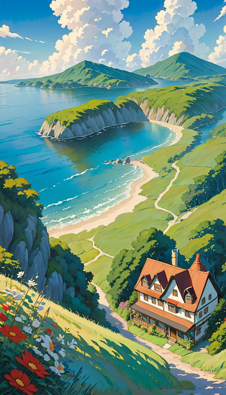 Practical, for real, Beautiful and stunning landscape oil painting Hayao Miyazaki Studio Ghibli'Petals grassland with blue sky and white clouds 8k, Birds--v6