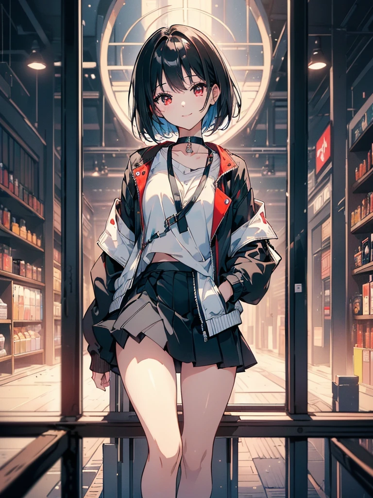 (masterpiece, highest quality, highest quality, (No text), Beautiful and aesthetic:1.2),No text,アニメ、BREAK,One Girl,Black Hair Girl short hair older sister choker Beautiful eyes Red eyes cool smile Black and white Black jacket mini skirt whole body In town
