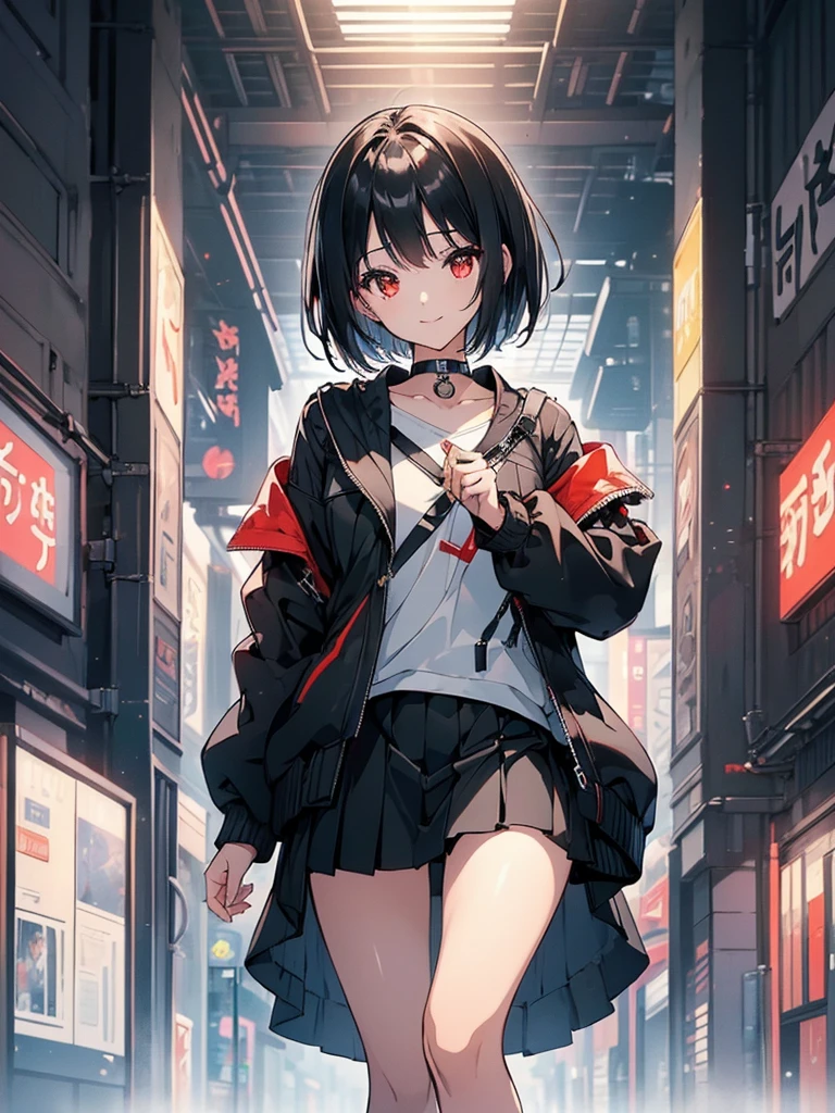 (masterpiece, highest quality, highest quality, (No text), Beautiful and aesthetic:1.2),No text,アニメ、BREAK,One Girl,Black Hair Girl short hair older sister choker Beautiful eyes Red eyes cool smile Black and white Black jacket mini skirt whole body In town
