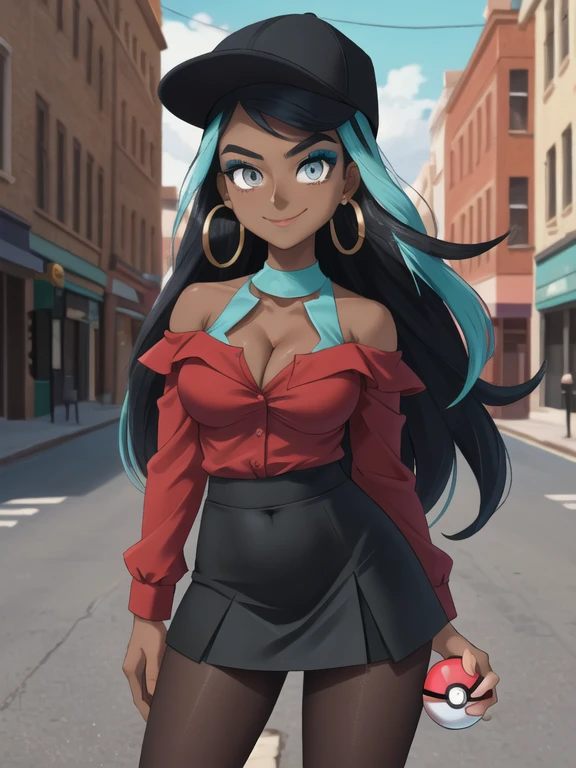 masterpiece, best quality, highly detailed, 1girl, solo, nessacasual, dark-skinned female, dark skin, aqua eyes, eyeshadow, dark skin, (dark-skinned female:1.5), makeup, long hair, sidelocks, thick eyebrows, black hair, aqua hair, streaked hair, medium breasts, grey cabbie hat, red shirt, off shoulder, collarbone exposed, cleavage, tight black lycra short skirt, pantyhose, earrings, hoop earrings, (holding a poke ball:1.3). looking at viewer, looking at the camera with an arrogant smile, standing, outdoors, city street