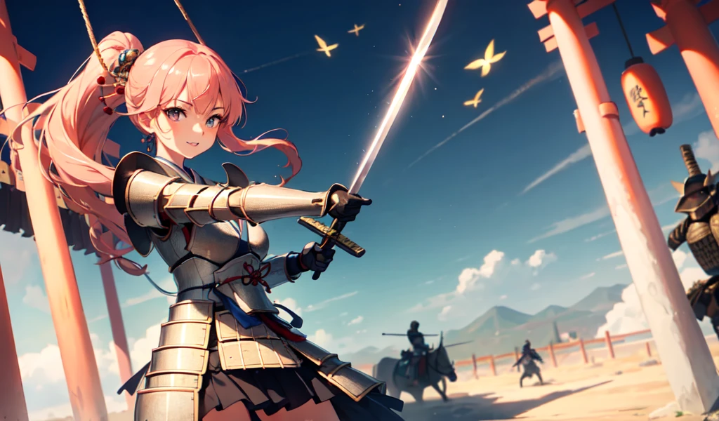 Highest quality, (masterpiece:1.3), Absurd, High resolution,16K, 超High resolution, Official Art, figure,Very detailed, One girl, alone, whole body, 20-year-old,
Delicate line tail face, (long hair1.2), (straight hair1.8), (beautiful (Coral Pink) hair:1.2), (shiny hair:1.2), (beautiful (Money) eye:1.2), (shiny eye:1.2), (Small breasts), (Glowing Skin:1.4),
View your viewers, (Cowboy Shot:1.5), (Dynamic Angle)
Are standing, (Dynamic pose), A light smile,
((Japanese) (armor):1.5), (Samurai Girl), (Holding a sword), (Combat Stance), (((Swinging Sword, Slashing, attack)))