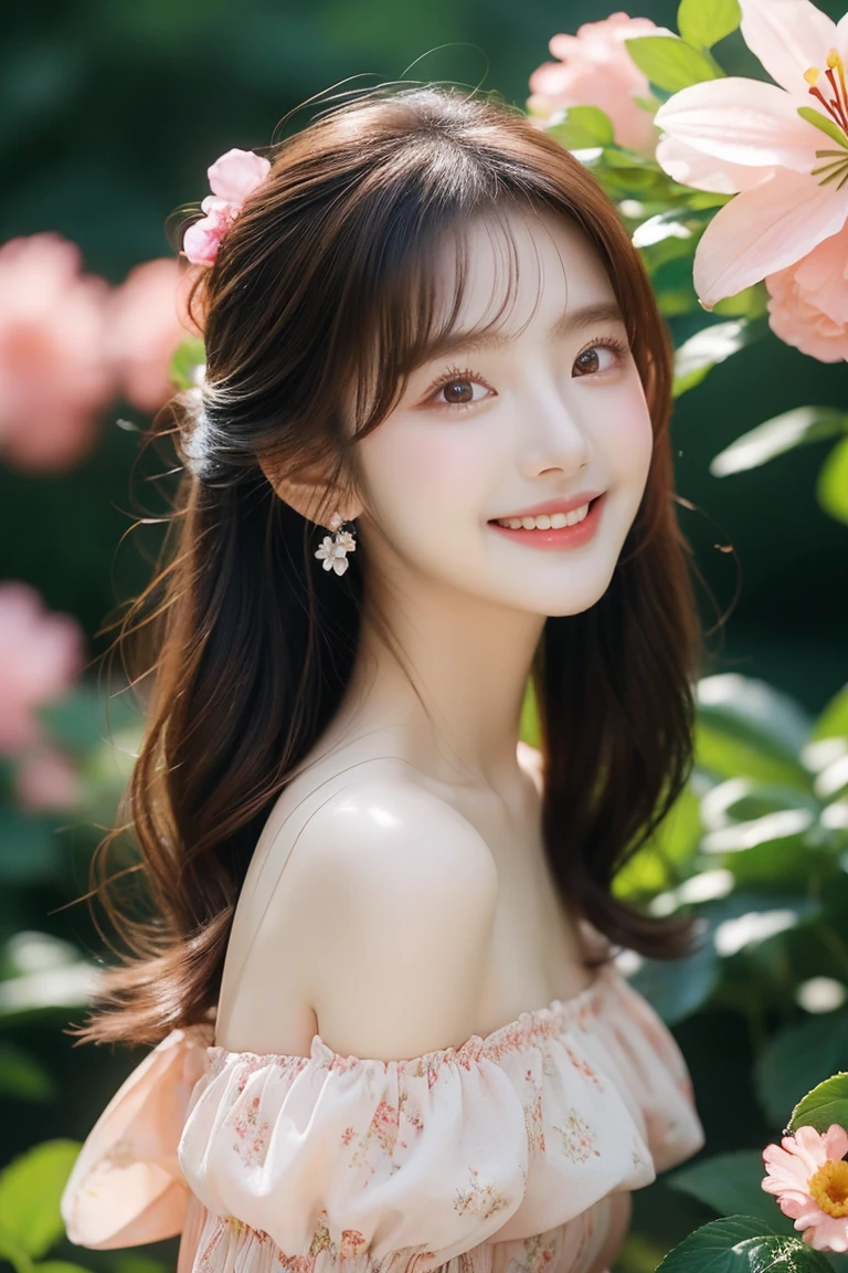 1 Girl,only_Shoulder,Vague,Brown_Eye,Brown_hair,cherry_开flower,daisy,skirt,earrings,flower的_background,flower的_Print,flower,flower_earrings,Jewelry,lily_\(flower\),Lips,long_hair,Watching_exist_Viewer,莲flower,flower瓣,pink_flower,Practical,Smile,Solitary,teeth,White_flower,