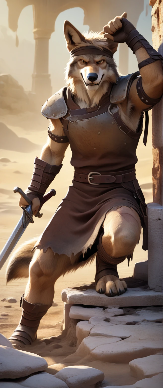 Solo anthro furry desert wolf coyote male; ancient Mediterranean desert mercenary warrior; slim mesomorph handsome model apperance; boy's messy short hair headband; sexy toned muscules; sword scars; worn out brown studded leather rusty armament. He has a worn ot dirty old short-sleeve tunic, belted with a heavy leather belt armor. on his chest he wears a heavy skimpy heavy breastplate over a tunic, a loinloth with worn-out loose desert trousers
, He has His heavy armor is old heavy brown harness with armlets studded with spikes;, he has old brown leather BFR Bands on Biceps and his thighs, he has old worn out fingerless leather gloves, shin guards, feet bondages. His heavy armor is in ruin, it is very very old and dirty, rusted, dirty, old worn out, rusty breastplate. Even though he is a handsome man, he has a sloppy appearance, has disheveled unwashed dirty fur, dirty body look. he smells, he has stains from old blood, dirt, semen, mud, smelly furr, disgusting bastard looking. Mediterranean sunny pine seacoastline pine forest; he has a proud, threatening and defiant expression on his face, with little dirty dangerous smile; He stands proudly bravely in an upright attacking position, he holds a rised up sword in his right paw, ready for incoming fight;