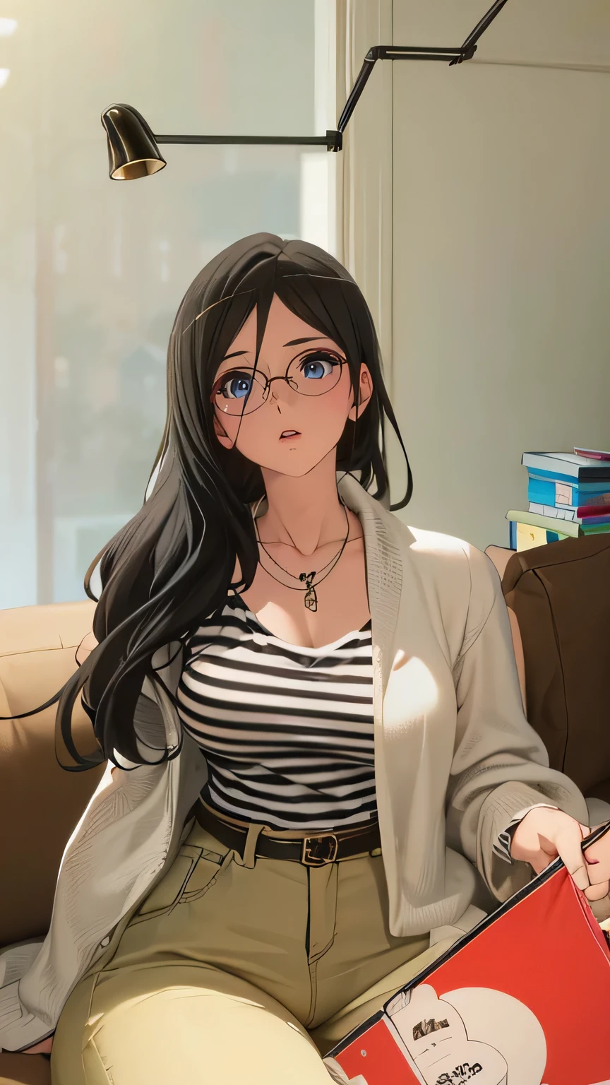 Masterpiece, high res, alone, {Thanaka_Asuka_euphonium sound:1.15} (park:1.13), black_hair, long_hair, glasses, light blue_eyes, Blush, red frame_glasses, Seraph, beyond the edge_glasses, semi borderless_glasses, hair_between_eyes, 1girl, solo, striped_shirt, long_hair, striped, black_hair, sitting, instrument, belt, shirt, jewelry, book, pants, earrings, lips, necklace, couch, jacket, lamp, brown_pants