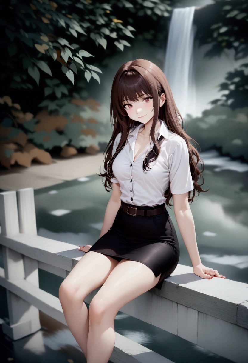 realistic anime illustration of pretty young woman is sitting on bridge at waterfall, she has a brown long wavy hair and wearing white shirt short sleeves, collared button up shirt, black pencil skirt with belt, and white heel sandals, (1girl, solo, full body), (masterpiece, best quality, Japanese anime style)