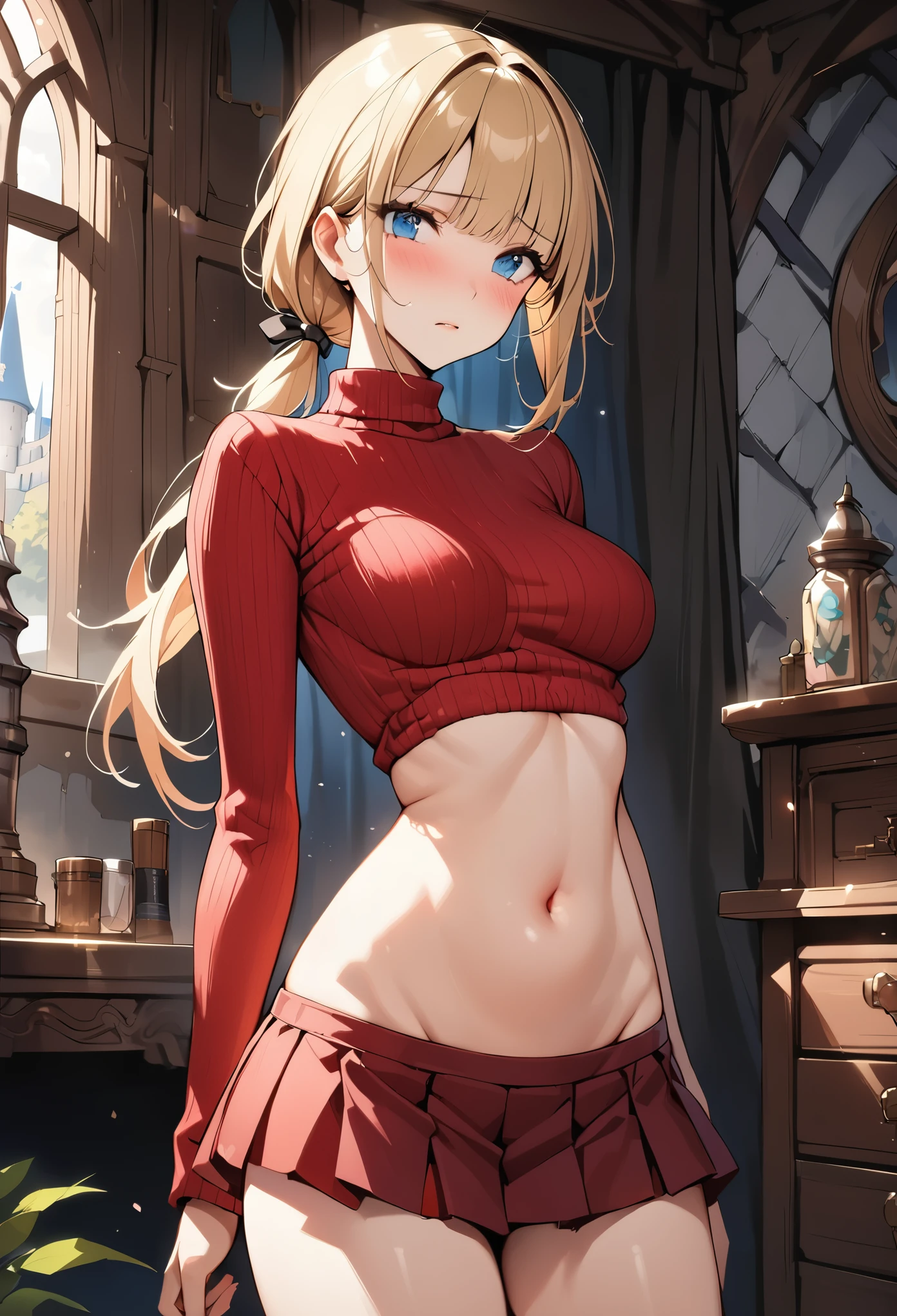 ((masterpiece,Highest quality:1.3,best quality illustration)),cowboy shot,1woman,(Mature Beauty),((very small head:1.4)),((ideal ratio body proportions:1.3)),blonde hair,(low ponytail),long hair,bangs,gorgeous eyes,Blue eyes,shy,(Red turtleneck knitwear、navel、Red pleated mini skirt),(slender body,skinny),medium breasts,gleaming skin,shiny skin,Bedroom、Medieval European Castles、Sword and sorcery fantasy world、