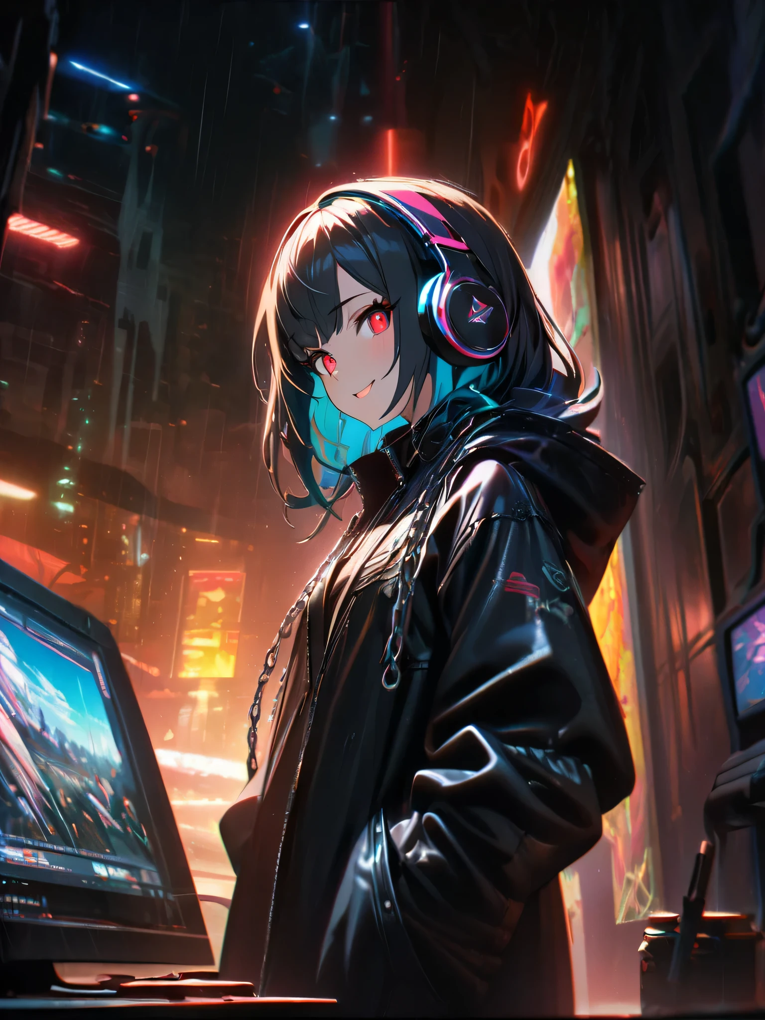 1 girl, chromatic aberration, Written boundary depth, Soft Light, masterpiece, Highest quality, complicated, Tone Mapping, Very detailed, Art Station, Concept Art, Smooth, Clear focus, Dramatic lighting, Very detailed artwork, movie, super practical painting, Art Station's trending, 8k, Incredible Shadows, practical, (Very detailed background:1.0), whole body, View, Viewers, Very detailed portrait of one girl 1, standing on street corner, Heavy rain and lightning、dark sky, neon and cyber punk background, she is dressed in punk clothing with silver chains and silver spikes, Her hair was dyed a bright black color.,The middle part is black, She is wearing headphones, Detailed red eyes with clear pupils, Ominous aura of light, smile, punk, ciber punk, Backlight.Her hair is neatly tied up.、Announcer talking about horses'tail、Smile is lovely